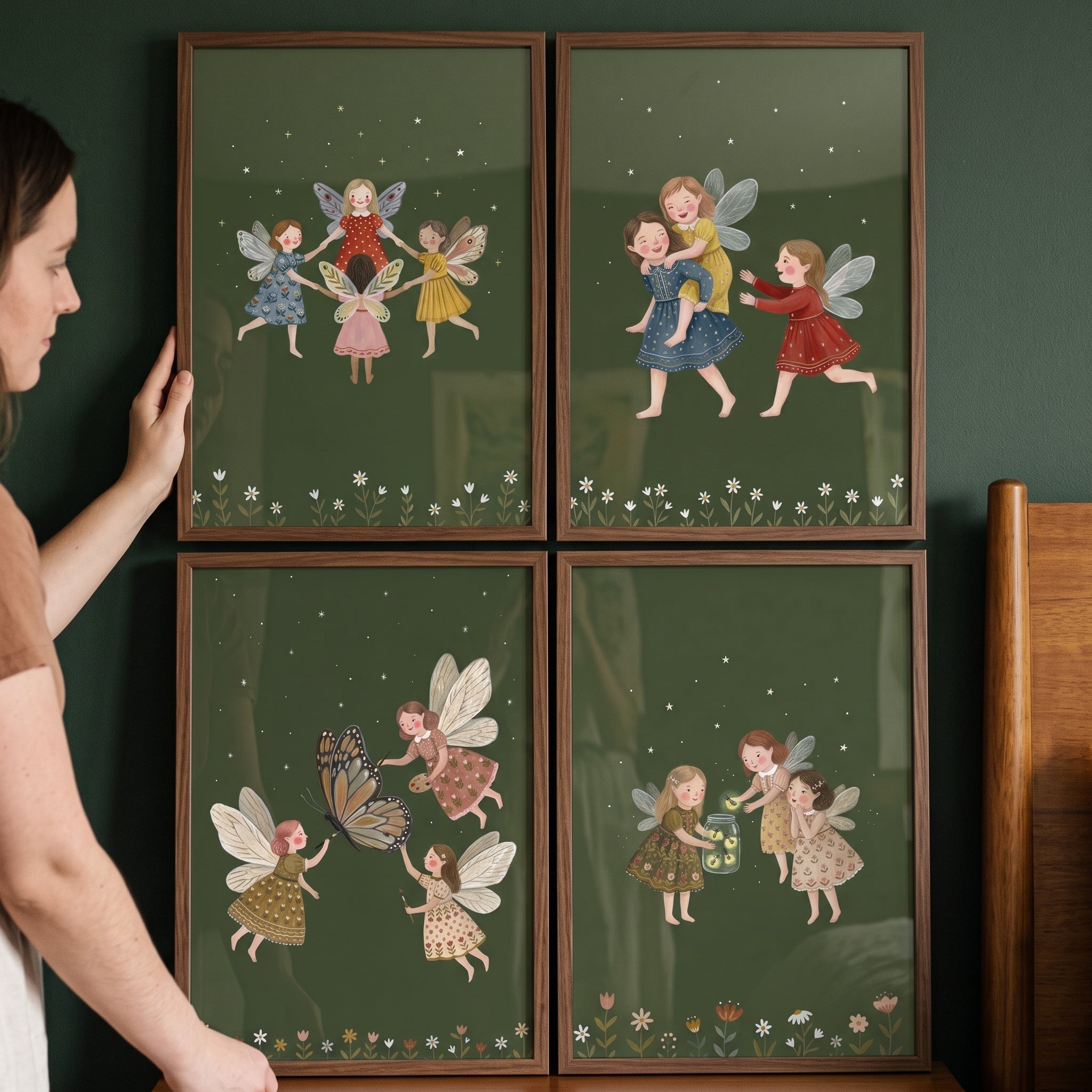 Earthy Whimsical Folk Fairies Wall Art Set of 4 - Whimsical Forest Fairies