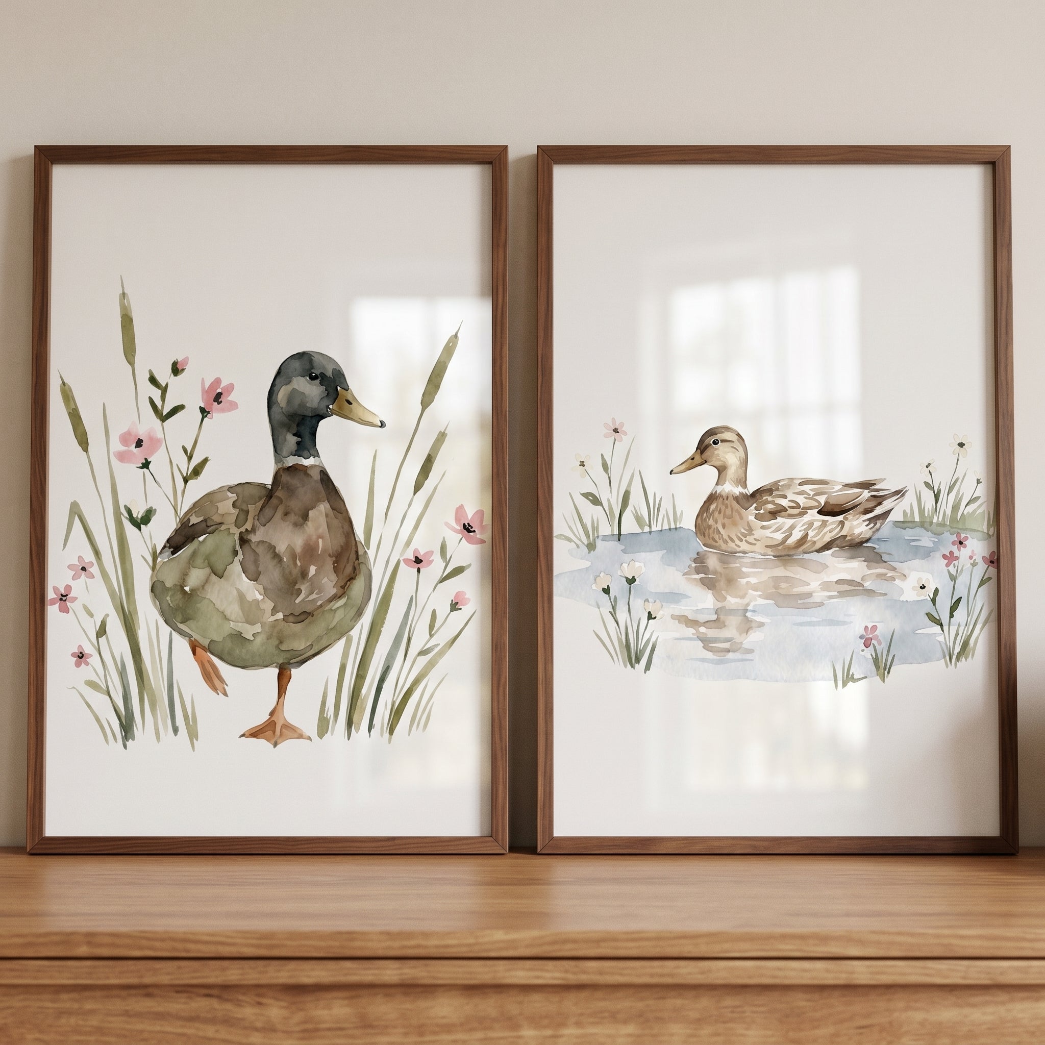 Earthy Wildflower Brown Duck Wall Art Set of 2 - Peaceful Pond Ducks