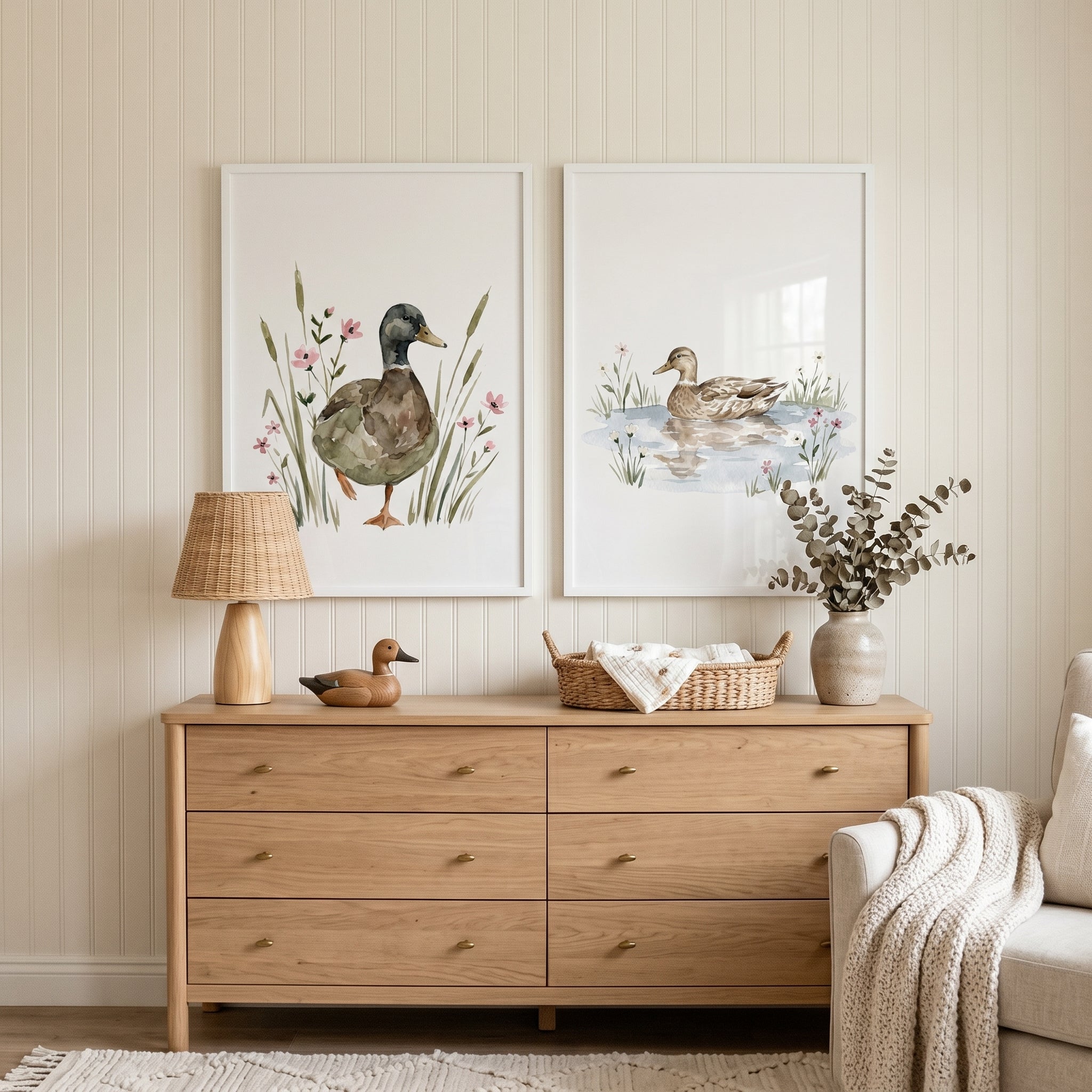 Earthy Wildflower Brown Duck Wall Art Set of 2 - Peaceful Pond Ducks