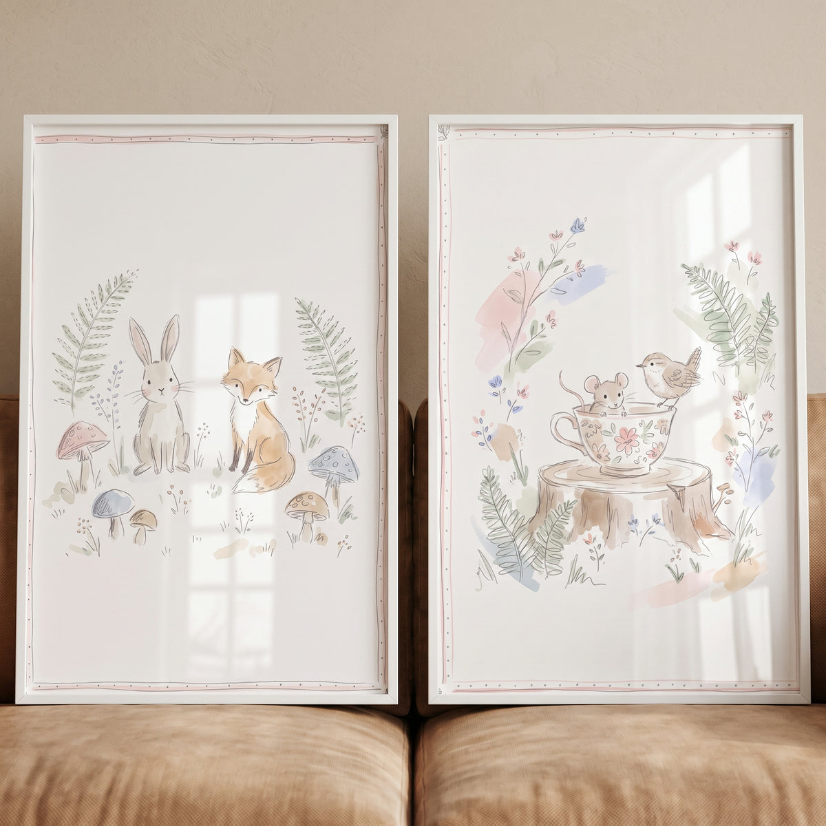 Earthy Wildflower Forest Animals Wall Art Set of 2 - Whimsical Meadow Friends