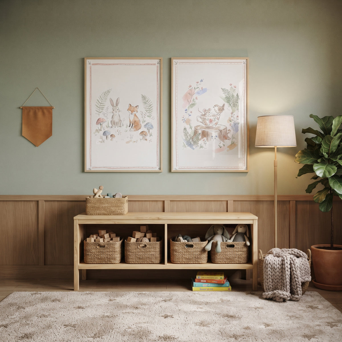 Earthy Wildflower Forest Animals Wall Art Set of 2 - Whimsical Meadow Friends