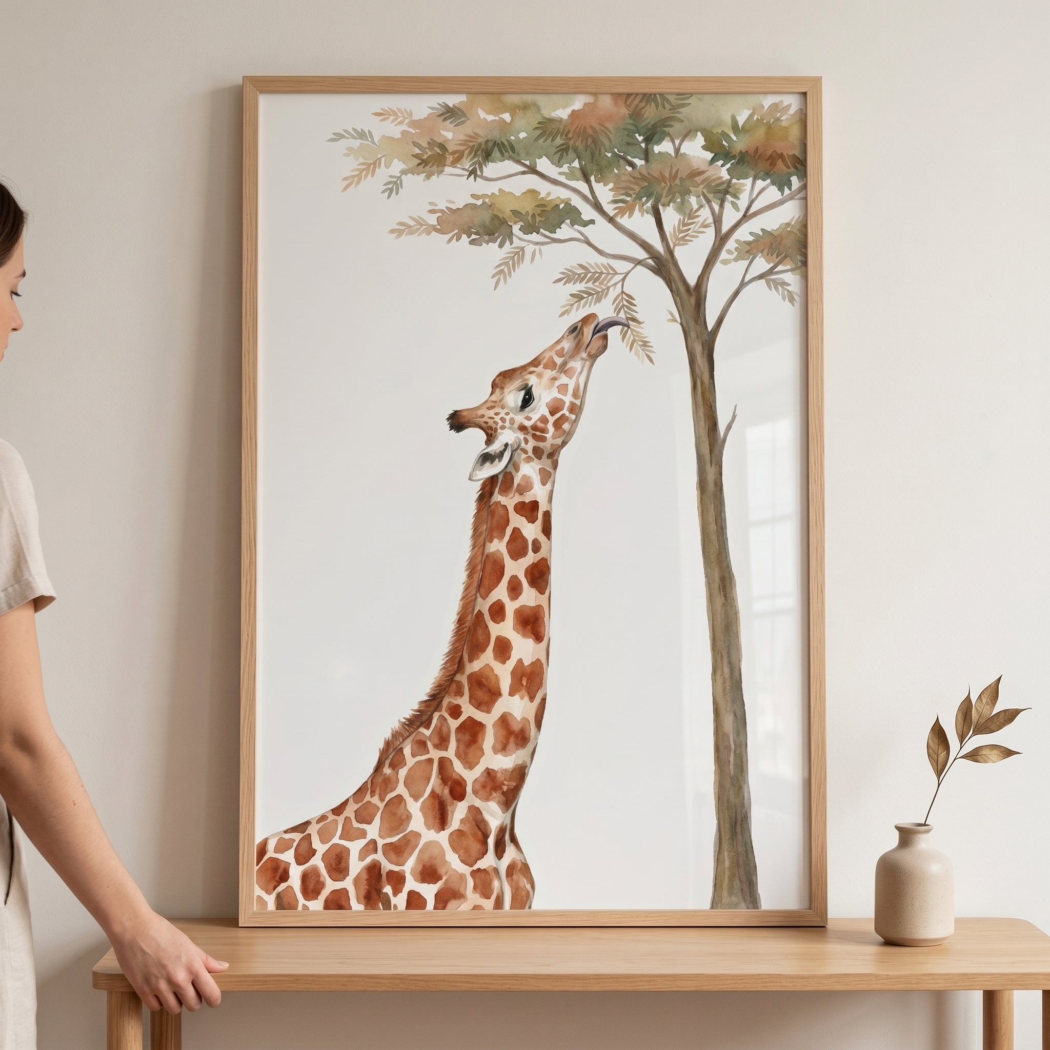 Eating Tree Leaves Giraffe Wall Art - Savanna Snack Time