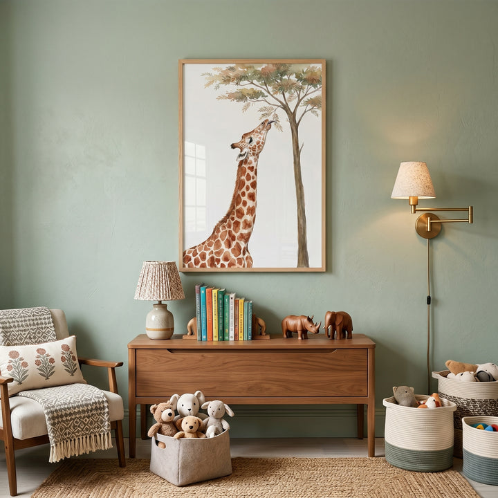 Eating tree leaves giraffe wall art hangs above a wooden console, stuffed animals, and a cozy armchair.