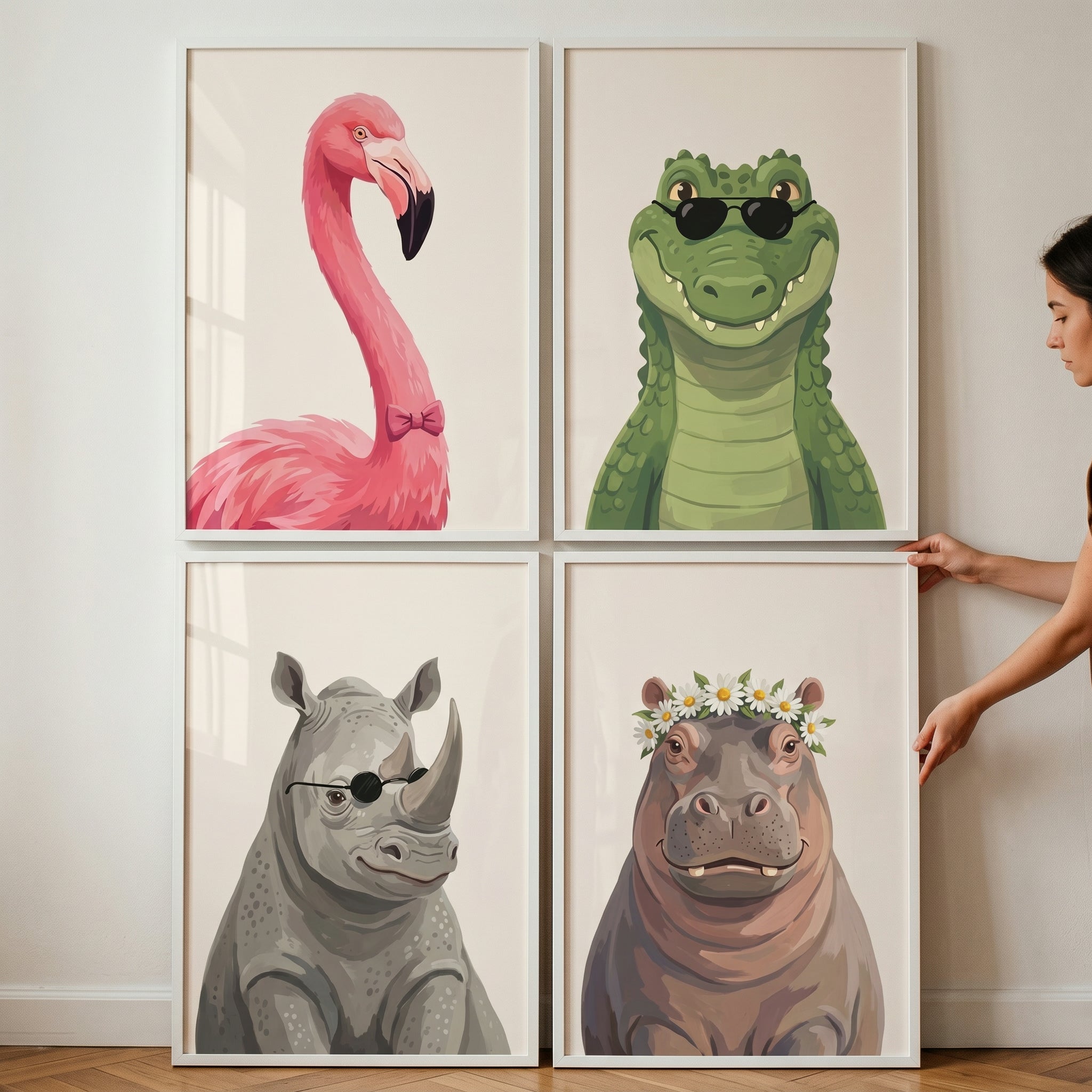 Eclectic Accessorized Safari Animal Wall Art Set of 4 - Quirky Safari Friends