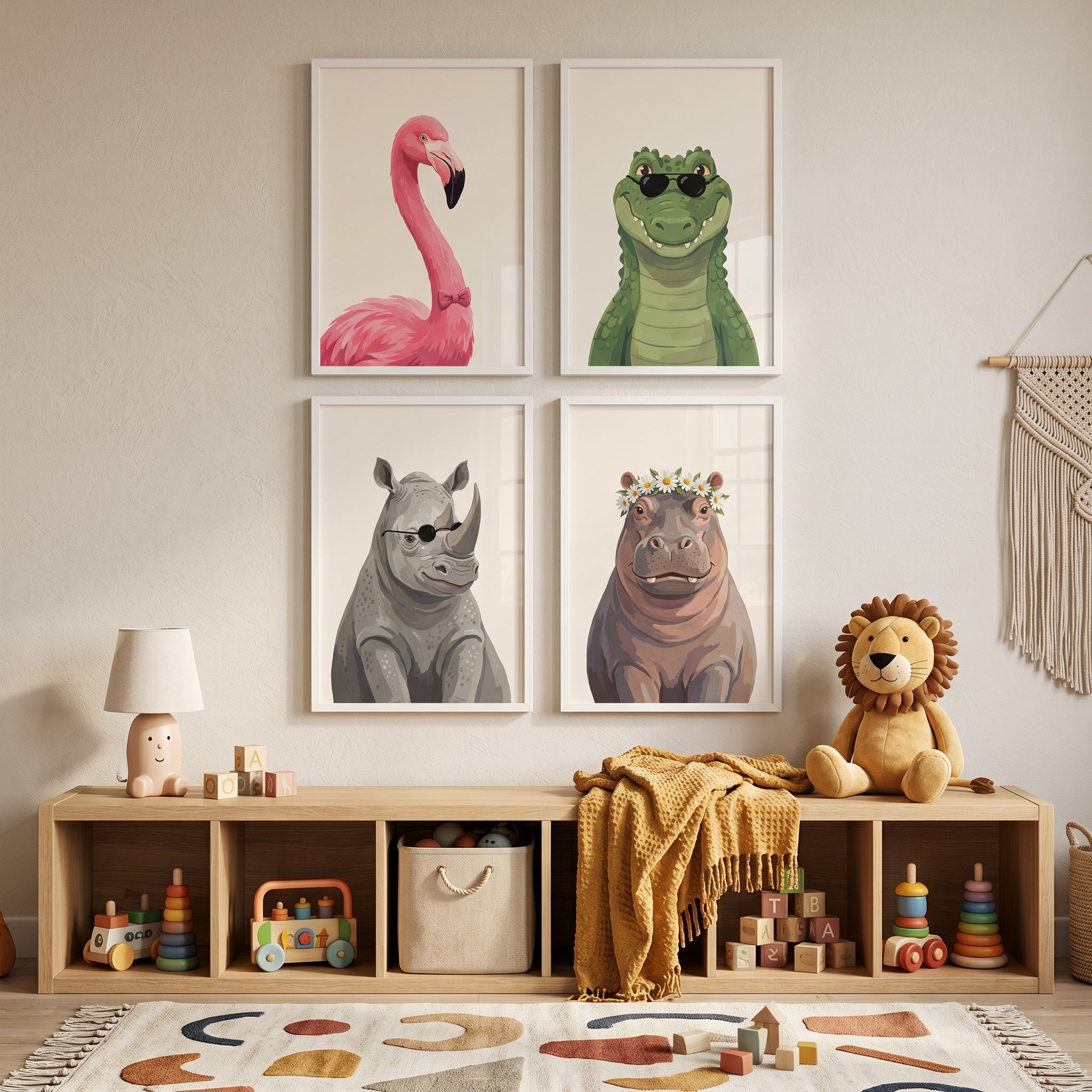 Eclectic Accessorized Safari Animal Wall Art Set of 4 - Quirky Safari Friends