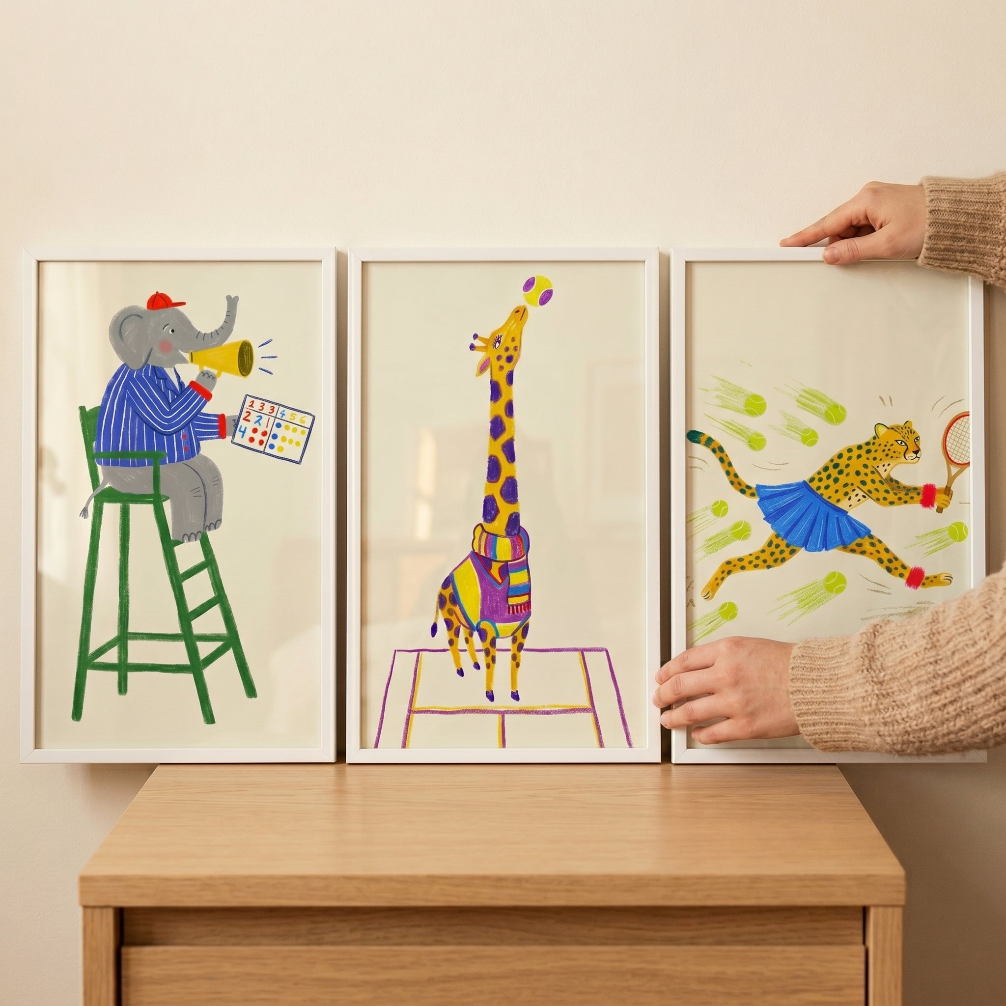 Eclectic Dressed Tennis Animal Wall Art Set of 3 - Sporty Safari Friends