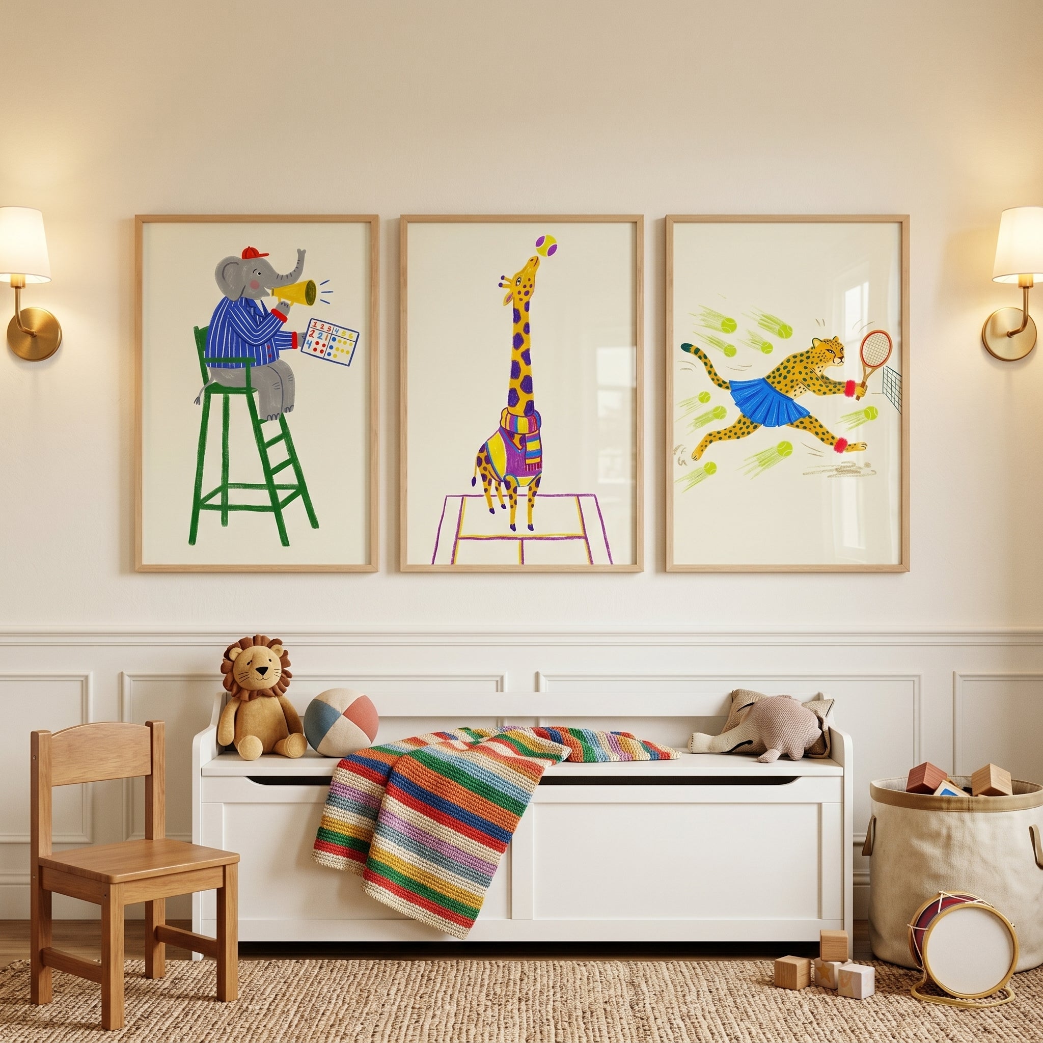 Eclectic Dressed Tennis Animal Wall Art Set of 3 - Sporty Safari Friends