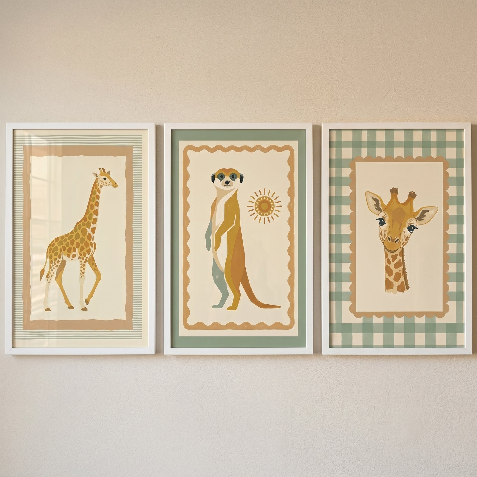 Eclectic earthy safari animal wall art set of 3 featuring framed prints of a meerkat and two giraffes in muted tones.