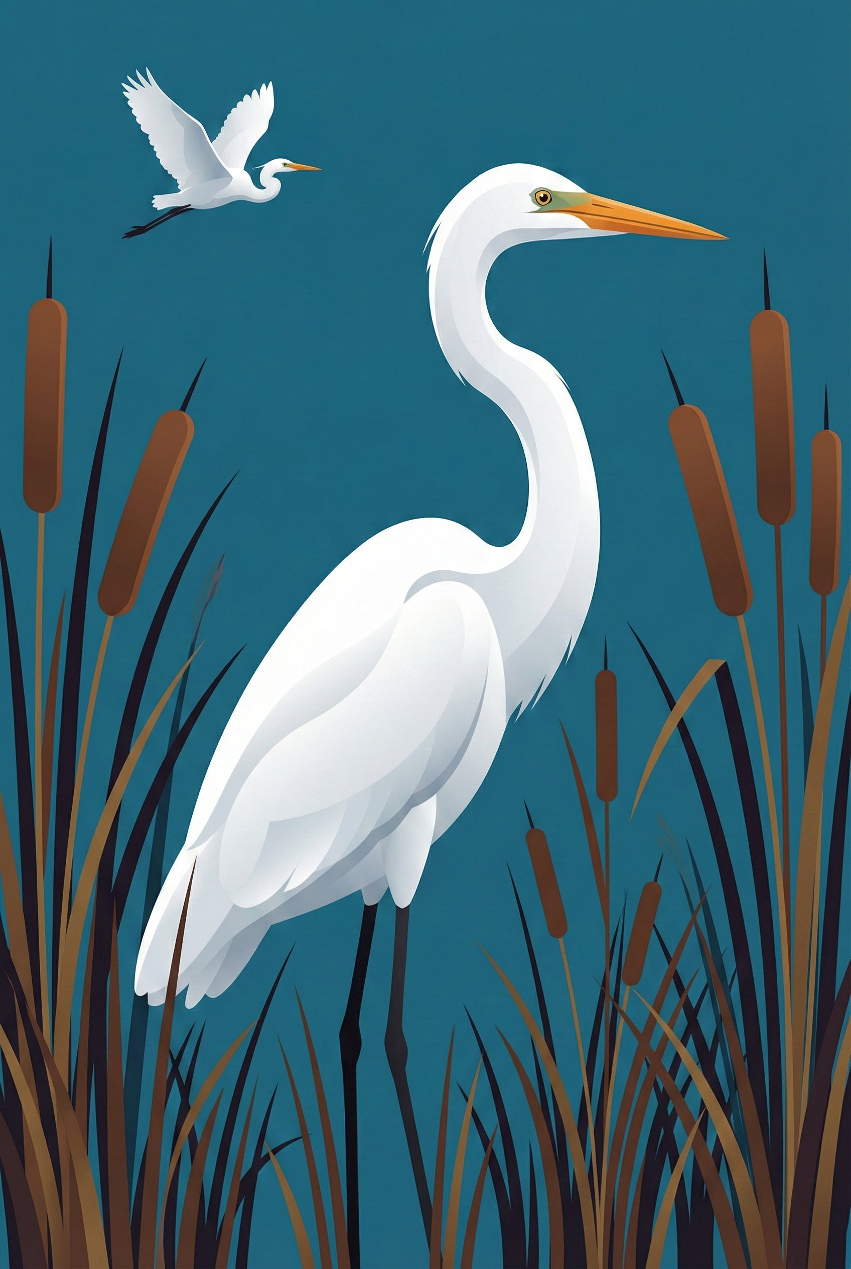 A stylized vector illustration features a large white heron standing elegantly among tall, dark brown and tan cattails and reeds. The bird has a long, slender S-curved neck and a sharp orange beak. In the upper left corner, a smaller white heron is captured in mid-flight with its wings spread wide. The entire scene is set against a solid dark teal background. The art style is graphic and minimal, using smooth gradients and clean lines to define the graceful forms of the birds.