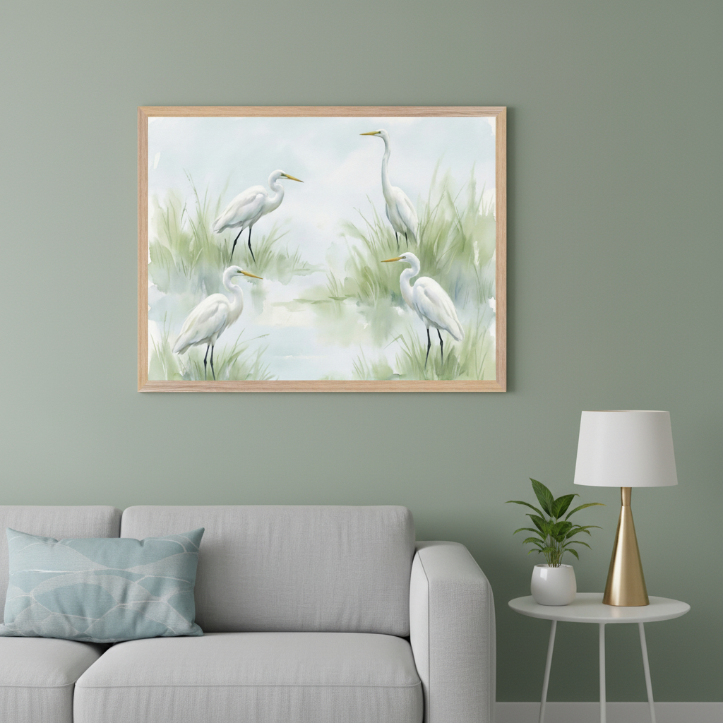 Living room with a grey sofa and a light wood-framed watercolor painting of four white egrets in a marsh hanging above it. A blue patterned throw pillow is on the sofa, and a white side table with a gold-and-white lamp and a small plant is to the right.