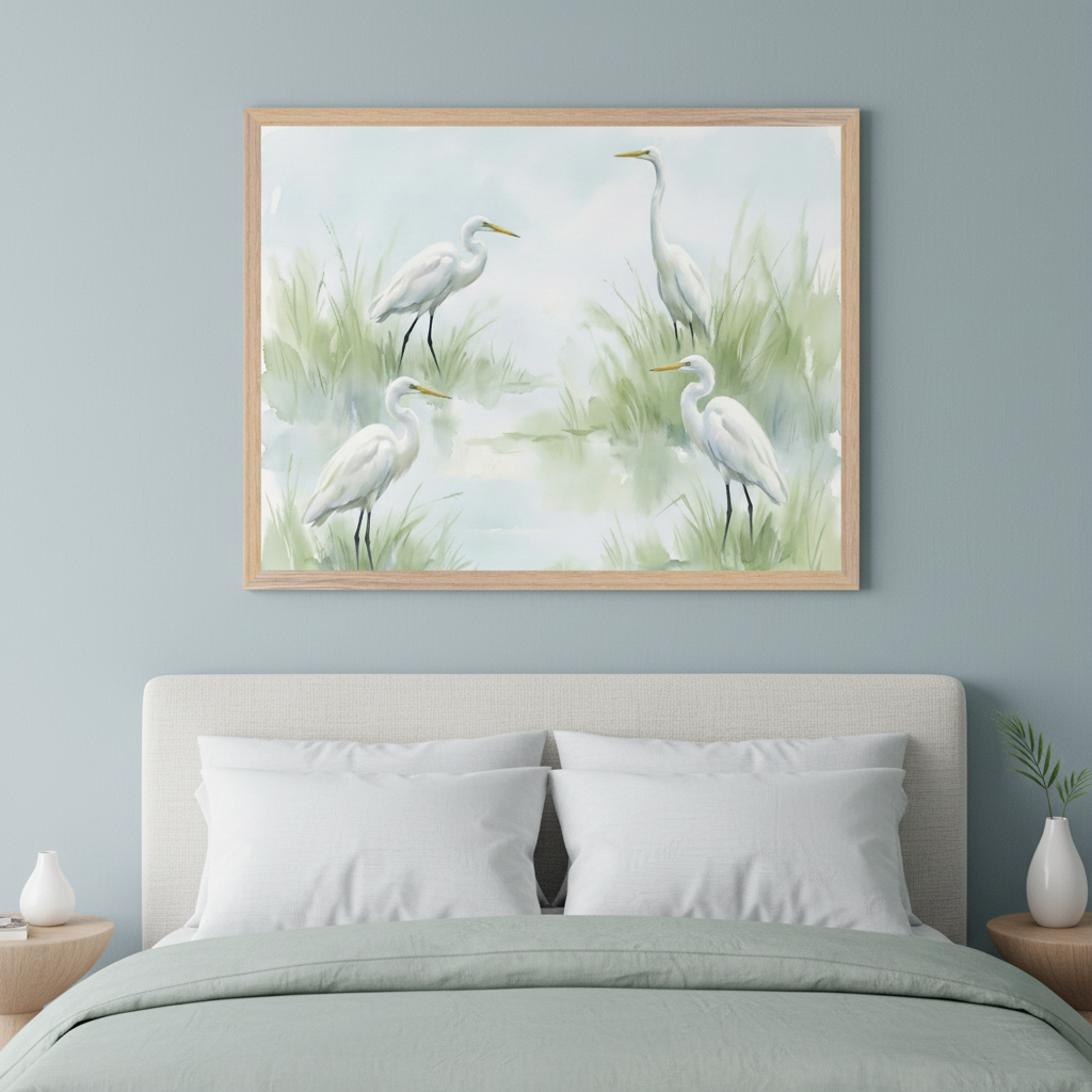 Modern bedroom with a bed, light fabric headboard, white pillows, and light green duvet. Centered above the bed hangs a large framed watercolor painting of four white egrets in green marsh reeds by water. Two small wood side tables with white vases flank the bed.
