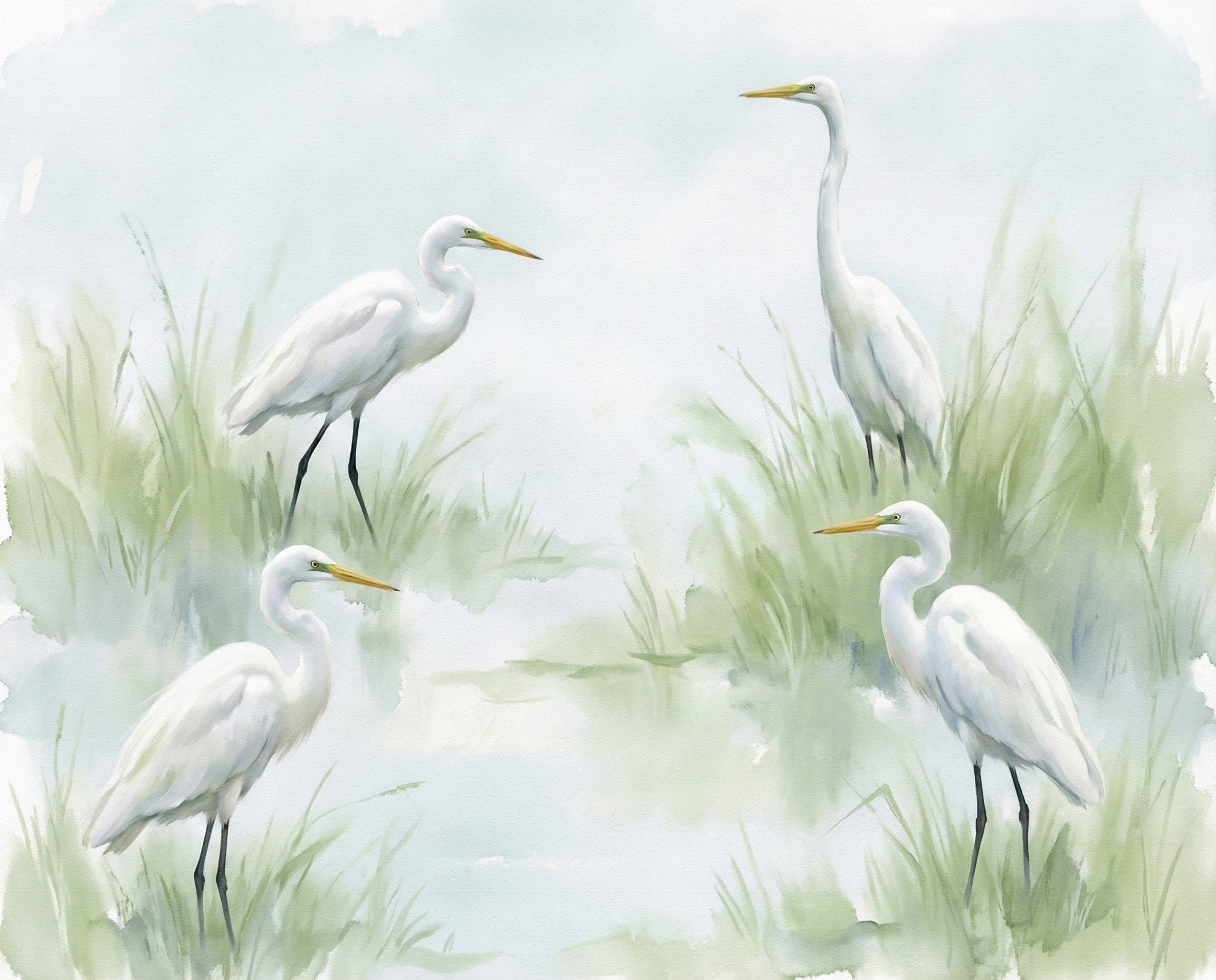 A soft watercolor painting of four white egrets standing among pale green grasses in a quiet, misty marsh. The gentle tones and reflections in the water create a calm and ethereal mood.

