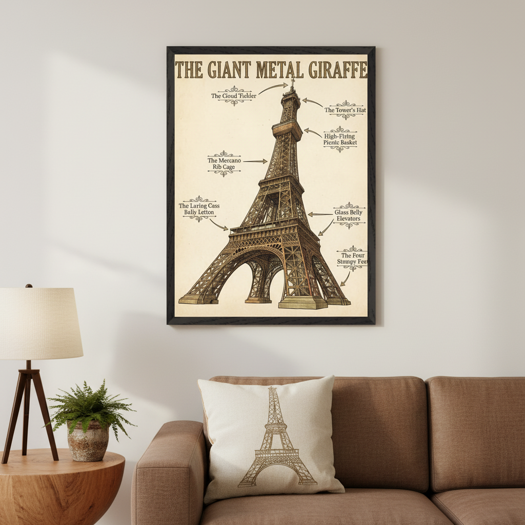Living room with a brown sofa and a wooden side table. A black-framed vintage diagram poster of the Eiffel Tower, labeled "THE GIANT METAL GIRAFFE", hangs above the sofa. A pillow with the Eiffel Tower is on the sofa.