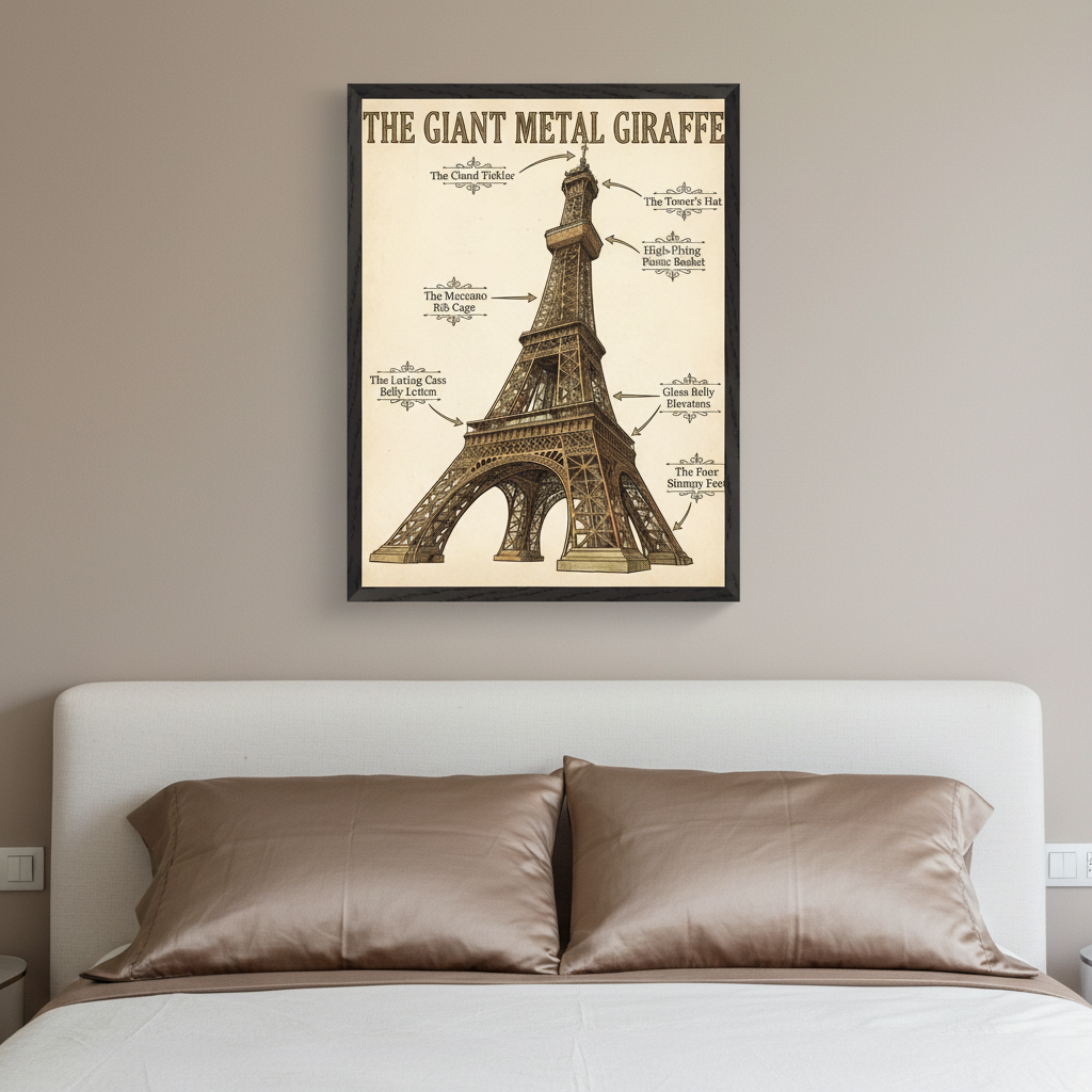 Modern bedroom with a white headboard bed and two brown satin pillows. A framed vintage-style diagram titled "THE GIANT METAL GIRAFFE" depicting the Eiffel Tower with humorous labels hangs centered above the bed.
