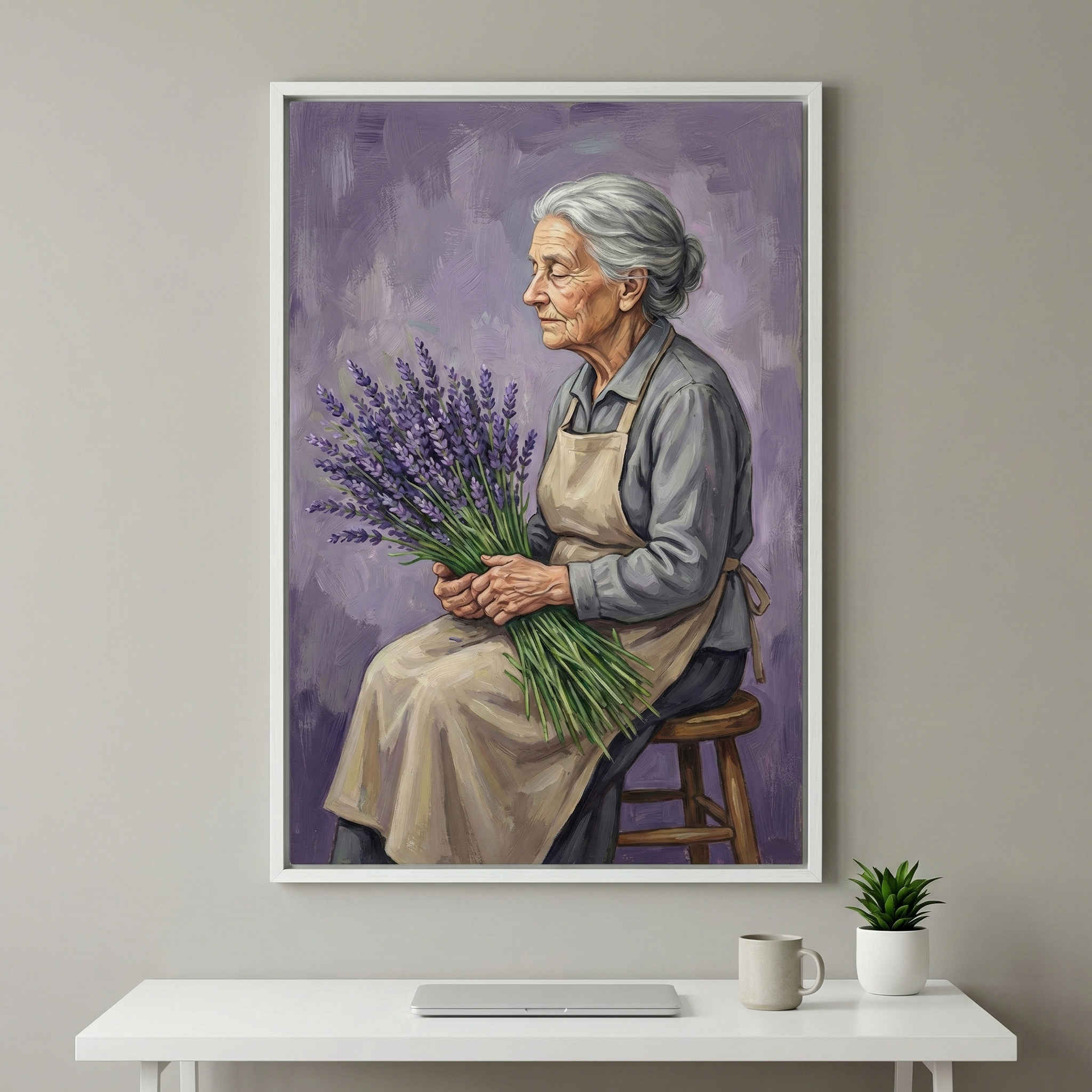 A framed piece of art hangs on a light gray wall above a white desk. The artwork depicts an elderly woman with silver hair tied back in a bun, sitting on a wooden stool and holding a large bundle of lavender. She is wearing a gray long-sleeved shirt and a tan apron. The background of the illustration consists of expressive, textured brushstrokes in various shades of purple. On the white desk below the artwork, there is a closed laptop, a light-colored mug, and a small green plant in a white pot.