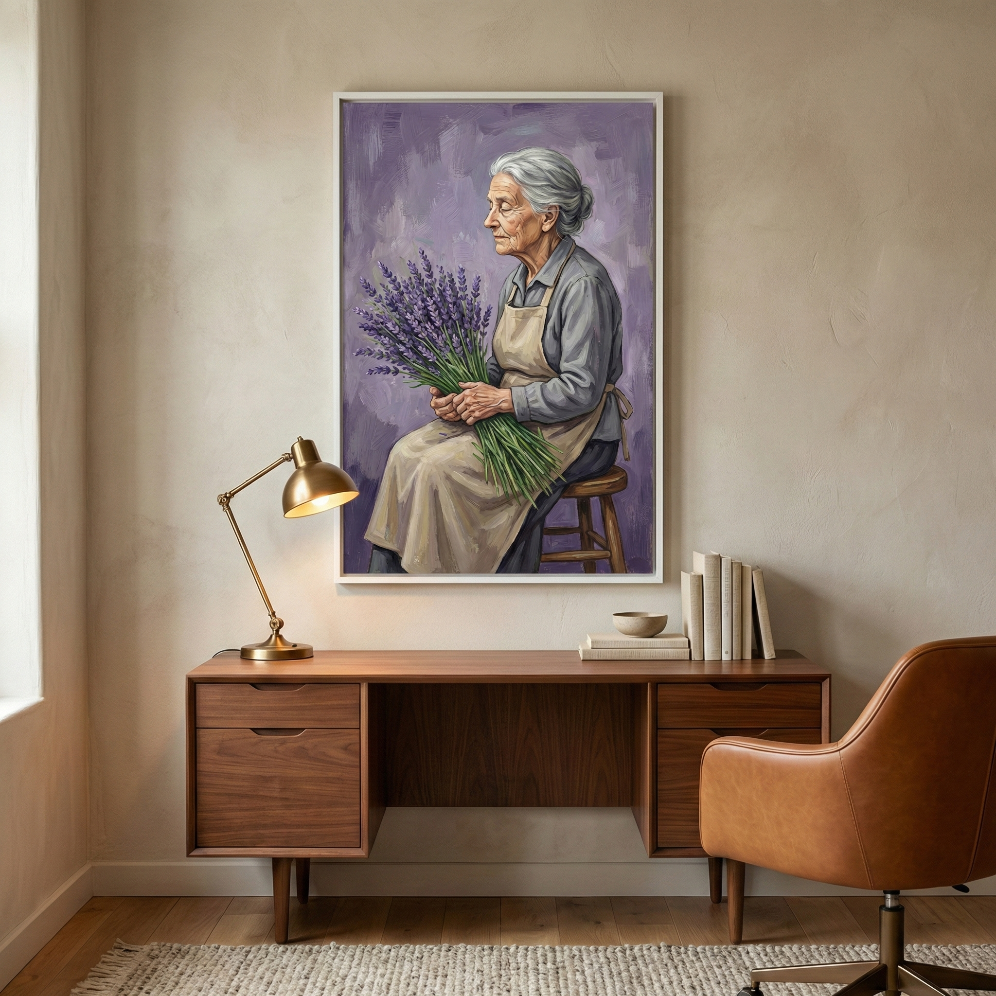 A framed artwork hangs on a neutral-toned wall above a wooden desk. The illustration features an elderly woman with grey hair, her eyes closed in a peaceful expression, holding a large bunch of lavender while wearing a beige apron. On the desk, a brass lamp is lit, and a small stack of books sits next to a bowl. A brown leather office chair is placed at the desk on a wooden floor with a textured rug.