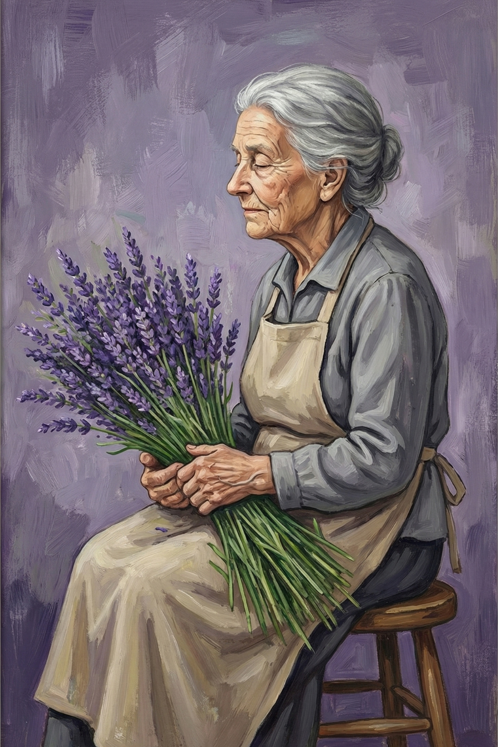 Side profile painting of a silver-haired woman in a gray blouse and beige apron sitting on a wooden stool, gently holding a bundle of lavender against a muted purple background.
