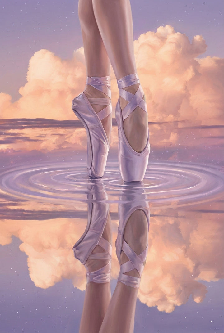 Close up painting of ballet pointe shoes standing in shallow rippling water that mirrors peach colored clouds above. The satin ribbons wrap around the dancer’s ankles and the reflection doubles the image. Gentle concentric ripples spread outward from her toes.
