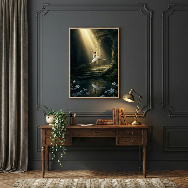 A cozy study room features a classic wooden desk with a brass lamp, books, and a trailing plant. Above the desk hangs an enchanting painting of a ballerina dancing on ancient stone steps, bathed in sunlight, with white flowers and a serene pond below. The room's elegant dark walls and draped curtains add a sophisticated touch.