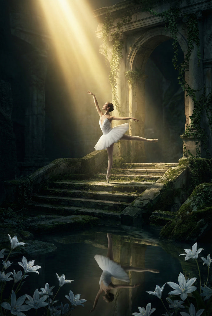 A ballerina in a white tutu performs a graceful pose on mossy stone steps within ancient, ivy-covered ruins. A brilliant beam of golden light shines down from above, illuminating her against the dark, crumbling architecture. In the foreground, a calm pool of water reflects her elegant form, framed by clusters of delicate white flowers. The atmosphere is ethereal and serene, highlighting a sense of timeless beauty amidst the surrounding stone decay.