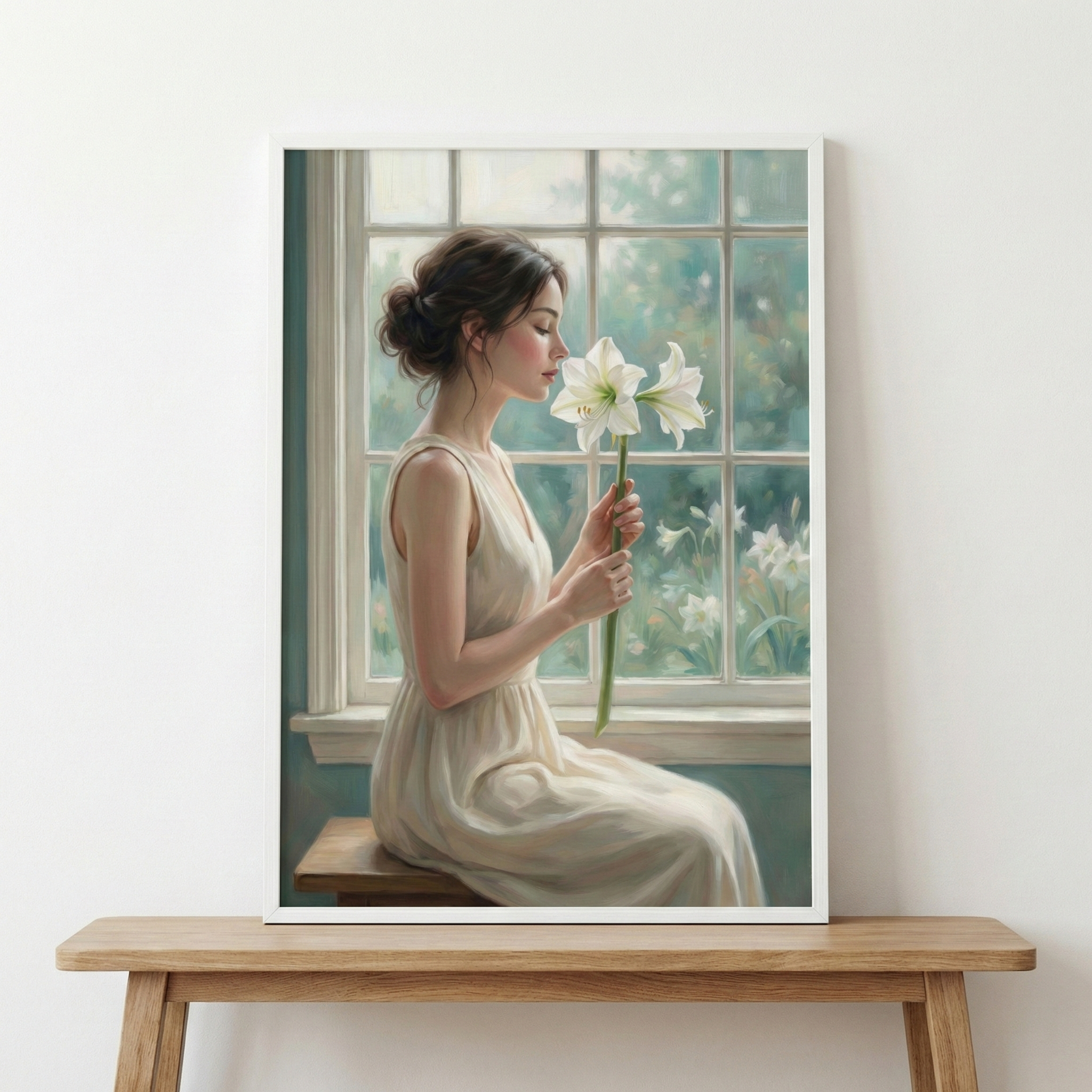 A framed artwork displays a woman in a sleeveless white dress sitting on a wooden bench. She has dark hair styled in a bun and holds a long-stemmed white flower near her face with a serene expression. Behind her, a large multi-pane window overlooks a garden of white lilies and soft greenery. The image features a muted color palette and soft, textured strokes, emphasizing a quiet, contemplative mood.