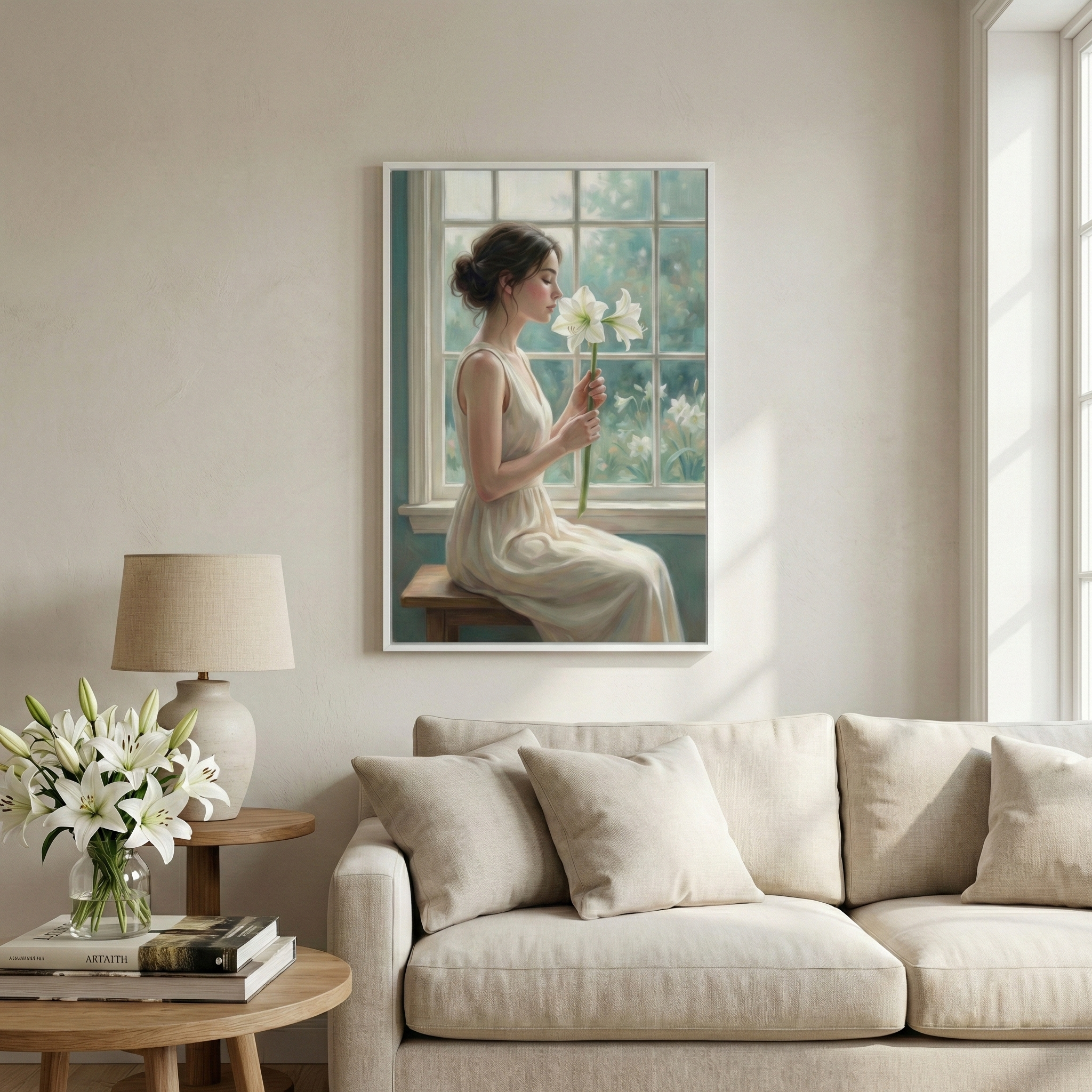 A serene living room interior featuring a light beige fabric sofa with matching throw pillows. To the left, a round wooden side table holds a ceramic lamp with a neutral shade, a stack of books, and a glass vase with a bouquet of white lilies. On the wall above the sofa is a framed piece of art depicting a woman in a long cream-colored dress sitting by a window and smelling white lilies. 