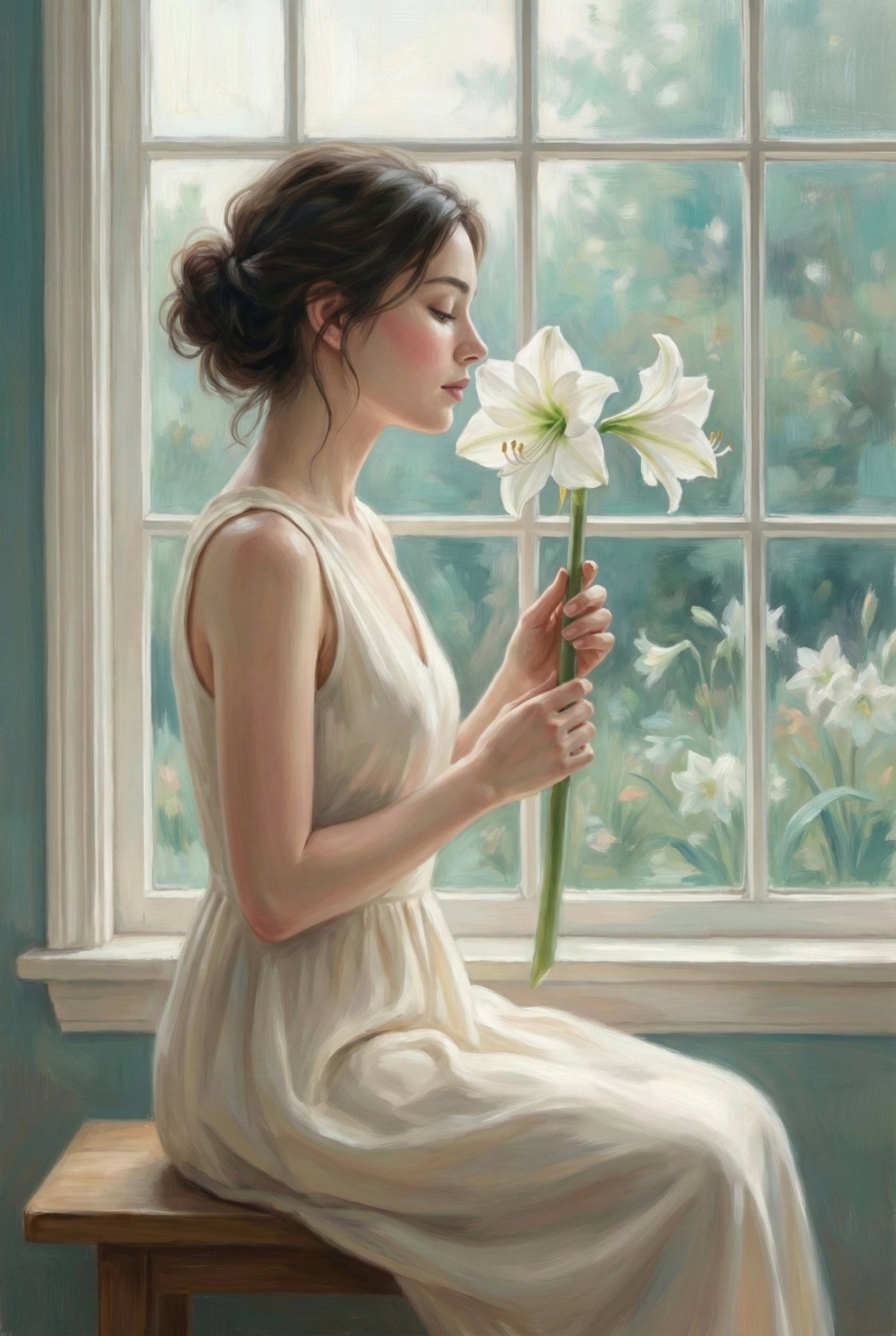 Oil style portrait of a woman in a sleeveless white dress sitting near a window and holding a tall white lily. Soft daylight filters through the glass, illuminating her profile and the flower’s delicate petals. The muted green background adds a calm intimate mood.
