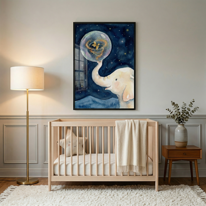This scene showcases a tranquil nursery with a centerpiece of whimsical framed artwork. The illustration depicts a gentle white elephant with pink-tinged ears balancing a large, iridescent bubble on its trunk. Inside the bubble is a glowing, golden celestial swirl. The background of the artwork is a deep indigo night sky filled with stars and the faint silhouette of a window.
The artwork is hung on a light gray wall accented with classic wood molding. 