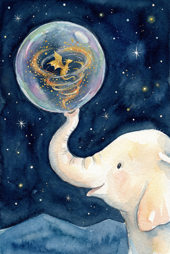Whimsical wall art print of a pale watercolor elephant lifting a shimmering bubble on its trunk beneath a deep navy star filled sky. Inside the bubble a tiny golden dragon spirals through glowing stardust like a miniature galaxy, giving the scene a dreamy magical bedtime feel.
