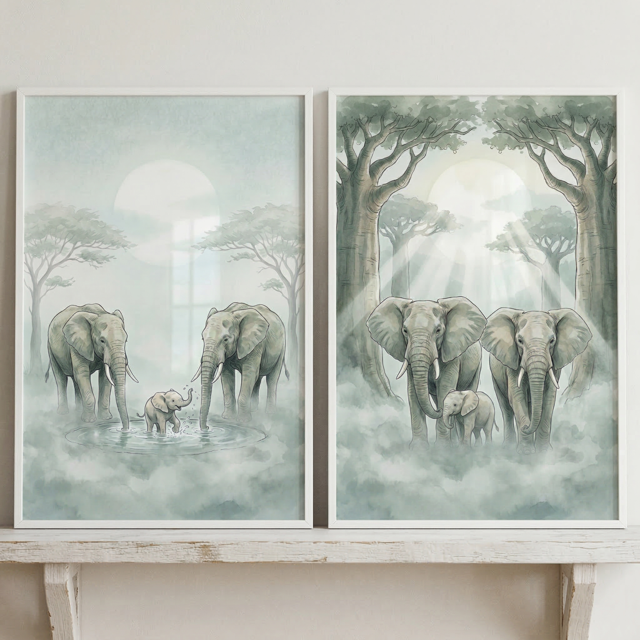 Baby Elephant And Parents Wall Art Set of 2 - Misty Elephant Family