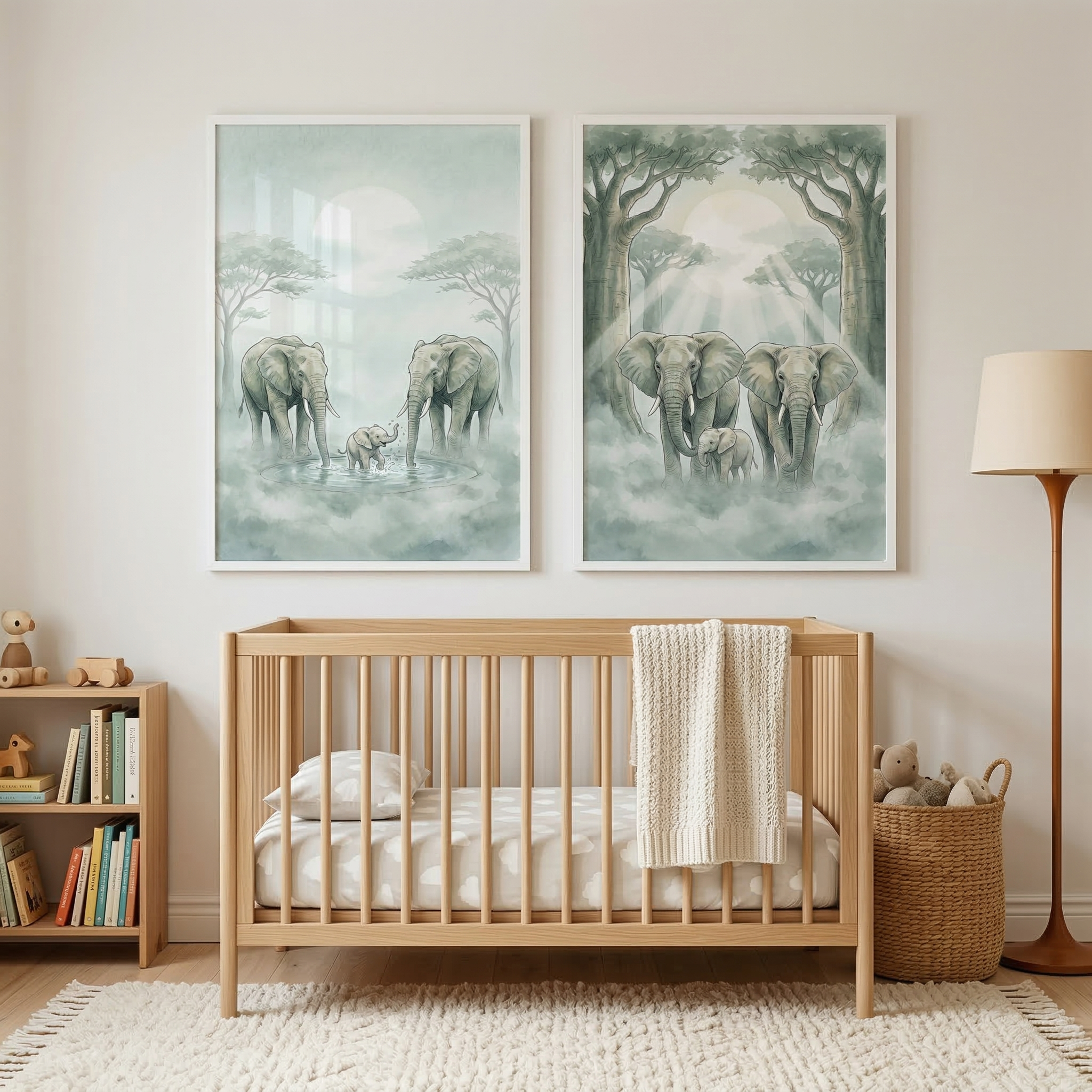 Baby Elephant And Parents Wall Art Set of 2 - Misty Elephant Family
