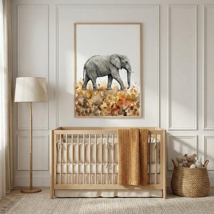 Framed watercolor giraffe art hanging on a white wall above a wooden dresser with a lamp and small toys.