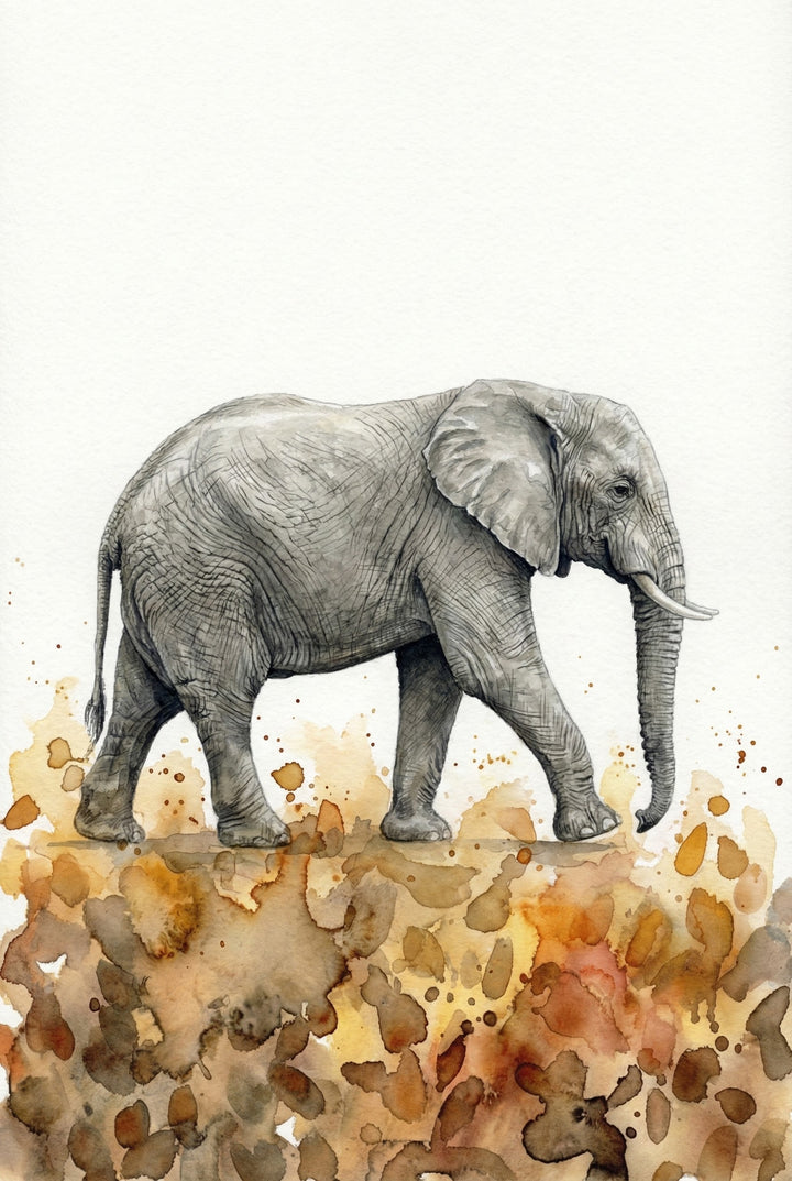 A person's hand holding a large framed watercolor painting of a giraffe against a neutral-toned wall.