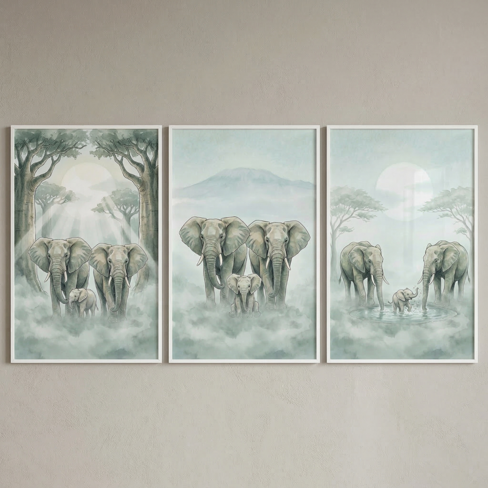 A set of three vertical, white-framed illustrations hangs horizontally on a neutral, textured wall. Each piece of art depicts a family of elephants in a serene, ethereal landscape characterized by soft mist and a muted color palette of sage green, grey, and warm cream.

In the first frame on the left, two adult elephants and a small calf walk through a forest of tall, stylized trees. Radiant beams of light from a large sun filter through the branches, illuminating the foggy ground.

