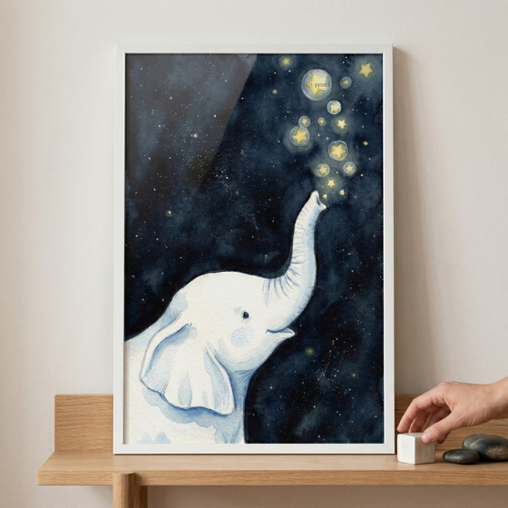 A framed watercolor-style illustration of a young white elephant is displayed on a light wooden shelf. The elephant is depicted from the side, with its trunk raised toward a dark, star-filled night sky. It appears to be blowing out glowing yellow stars and soft bubbles that float upward. The background transitions from a deep navy blue to a slightly lighter shade, textured with tiny white flecks representing distant stars. The artwork is housed in a simple white frame. 
