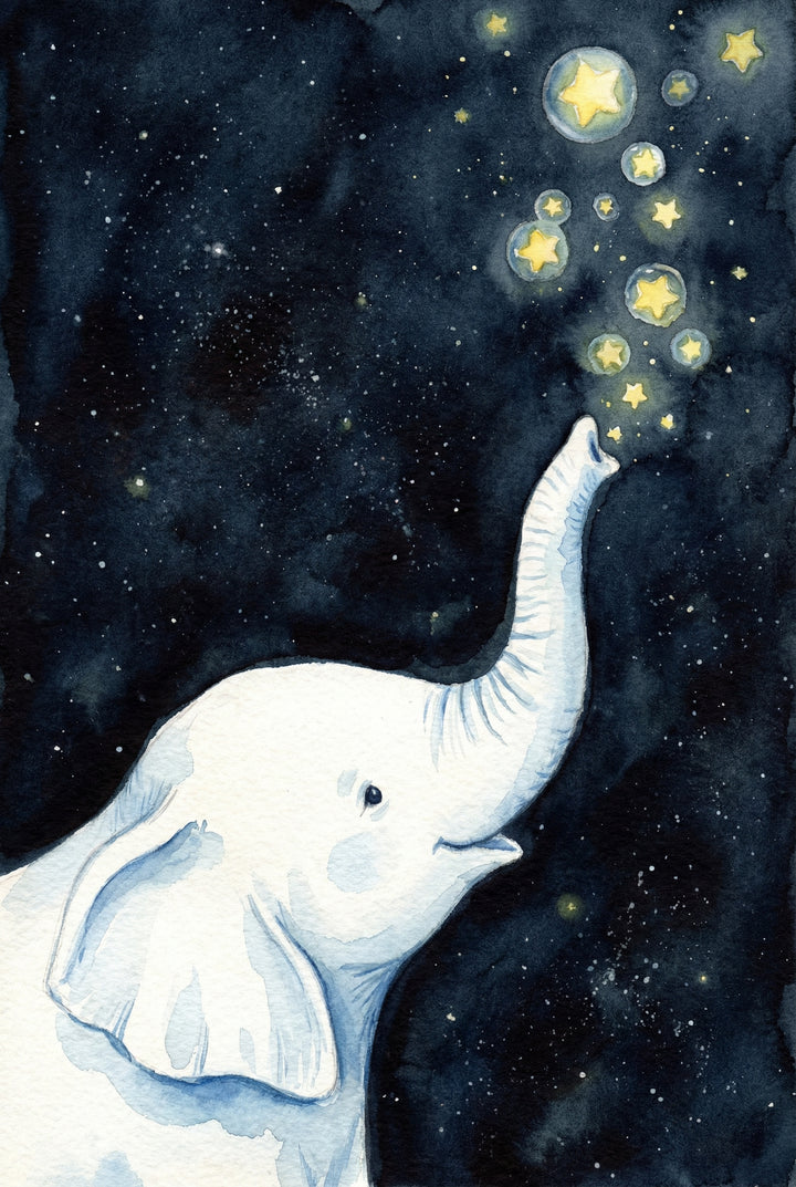 Whimsical wall art print of a pale watercolor elephant lifting its trunk toward glowing yellow stars floating inside translucent bubbles. The deep navy night sky is sprinkled with tiny stars, giving the scene a dreamy magical bedtime feel.
