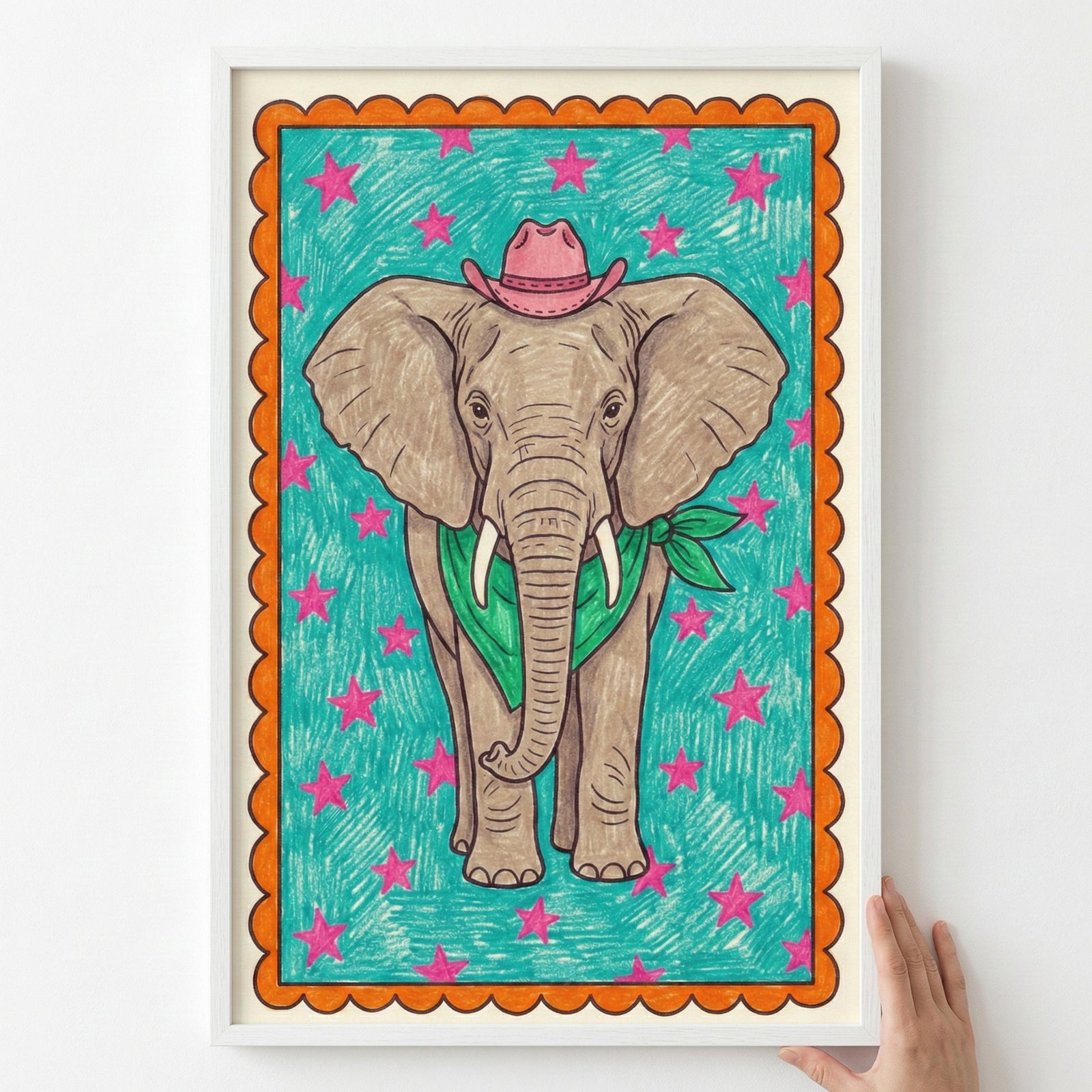 A whimsical, child-like illustration of a large elephant wearing a small pink cowboy hat and a green bandana, centered within an orange scalloped border on a teal background filled with pink stars.