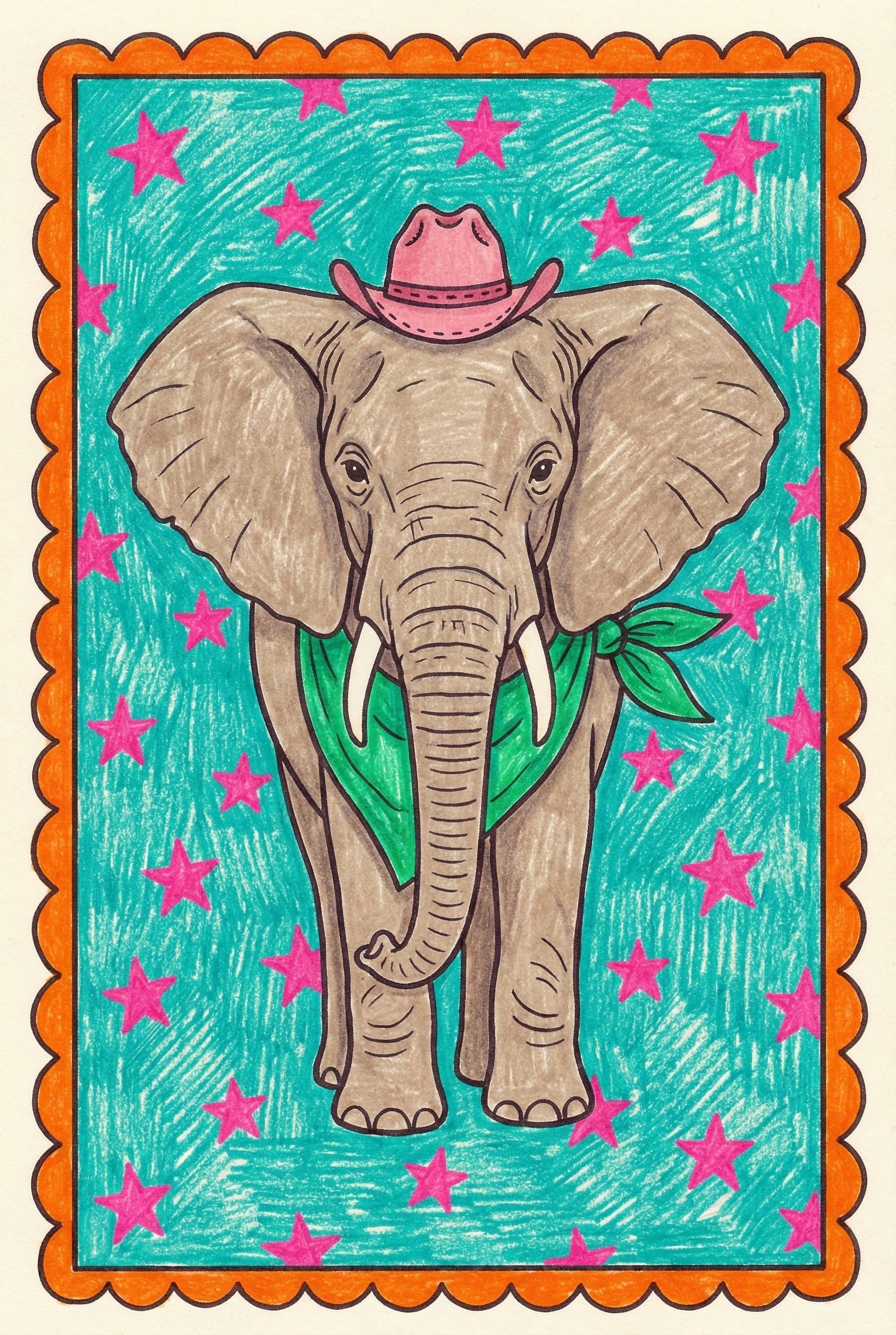 Whimsical illustration of an elephant wearing a pink cowboy hat and a green bandana, standing against a turquoise background filled with bright pink stars. The image is framed with a bold orange scalloped border, giving it a playful, Western-themed flair.