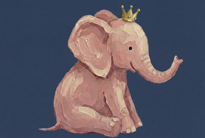 An oil painting-style illustration of a pink baby elephant wearing a small golden crown. The elephant is sitting against a solid navy blue background with its trunk playfully raised.