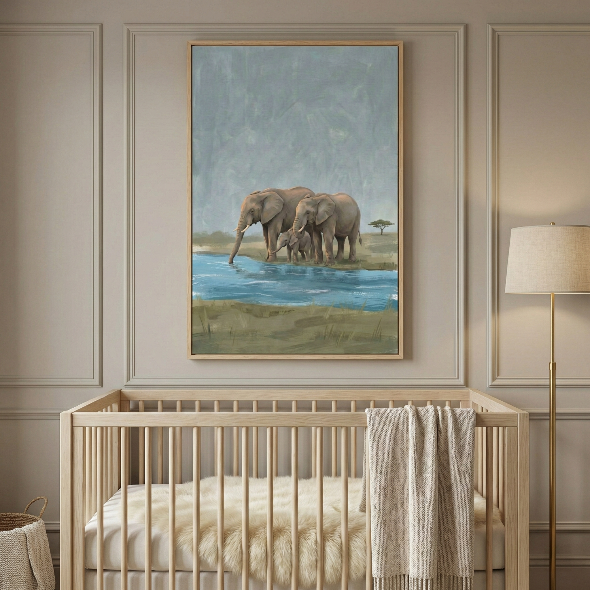 A serene nursery features a large, vertically-oriented piece of framed artwork as its central focus, hung on a neutral-toned wall with elegant architectural molding. The artwork depicts a family of three elephants—two large adults and a smaller calf—standing at the edge of a vibrant blue river in an open savanna landscape. A solitary tree is visible in the distance under a muted, overcast sky, all rendered in a soft, textured style.

