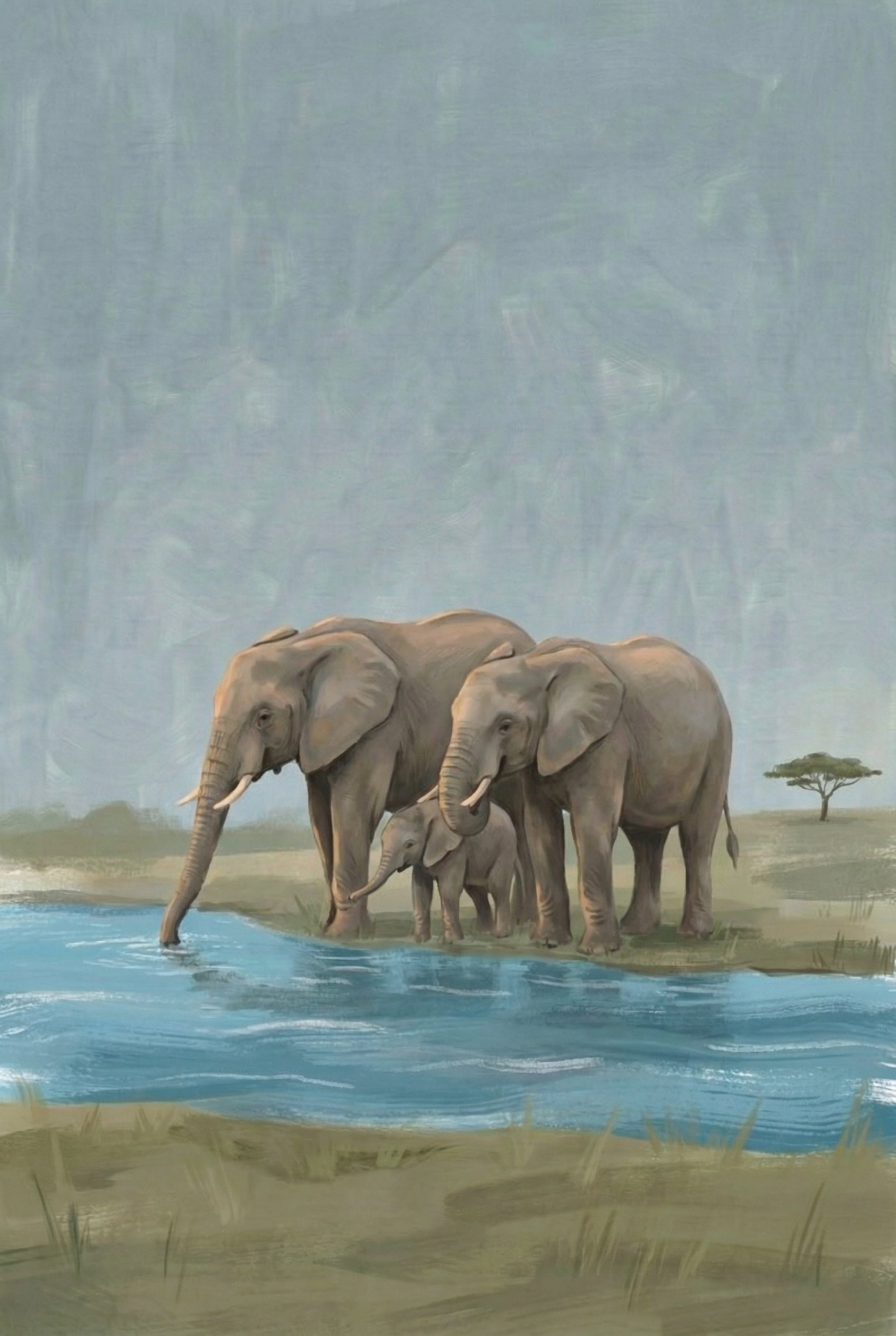 A family of three elephants—two adults and one calf—stand at the edge of a river, drinking water. The soft blue sky and distant tree complete the tranquil safari scene.
