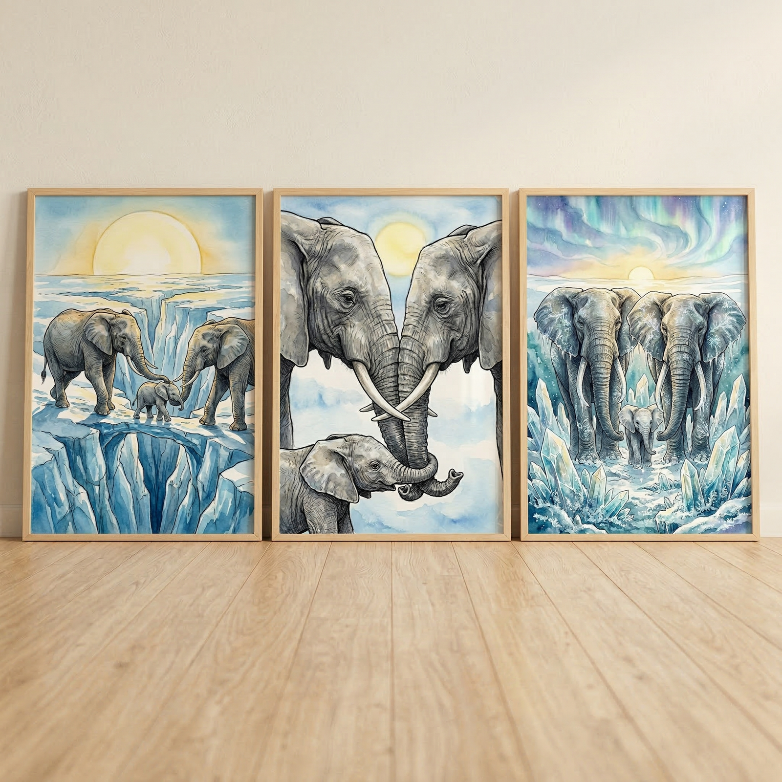 Three framed vertical illustrations lean against a light wall on a wooden floor. The set depicts elephants in surreal, icy landscapes. The first panel shows two adults and a calf crossing a blue glacial crevasse beneath a large, pale sun. The central panel focuses on two adult elephants with trunks entwined over a small calf. The third shows the trio standing among giant crystalline formations under a soft aurora sky. The art features soft blue tones with warm yellow accents in a delicate style.