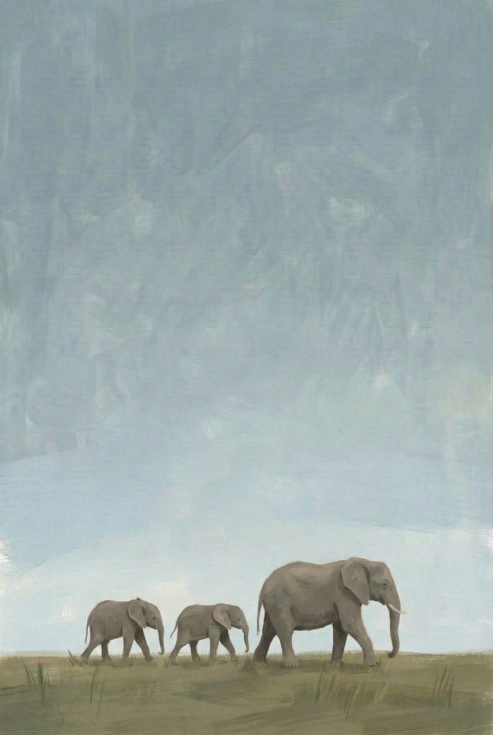 Three elephants, a mother leading two calves, walk in a line across open plains beneath a wide, cloudy sky. The minimalist composition evokes calm and togetherness.
