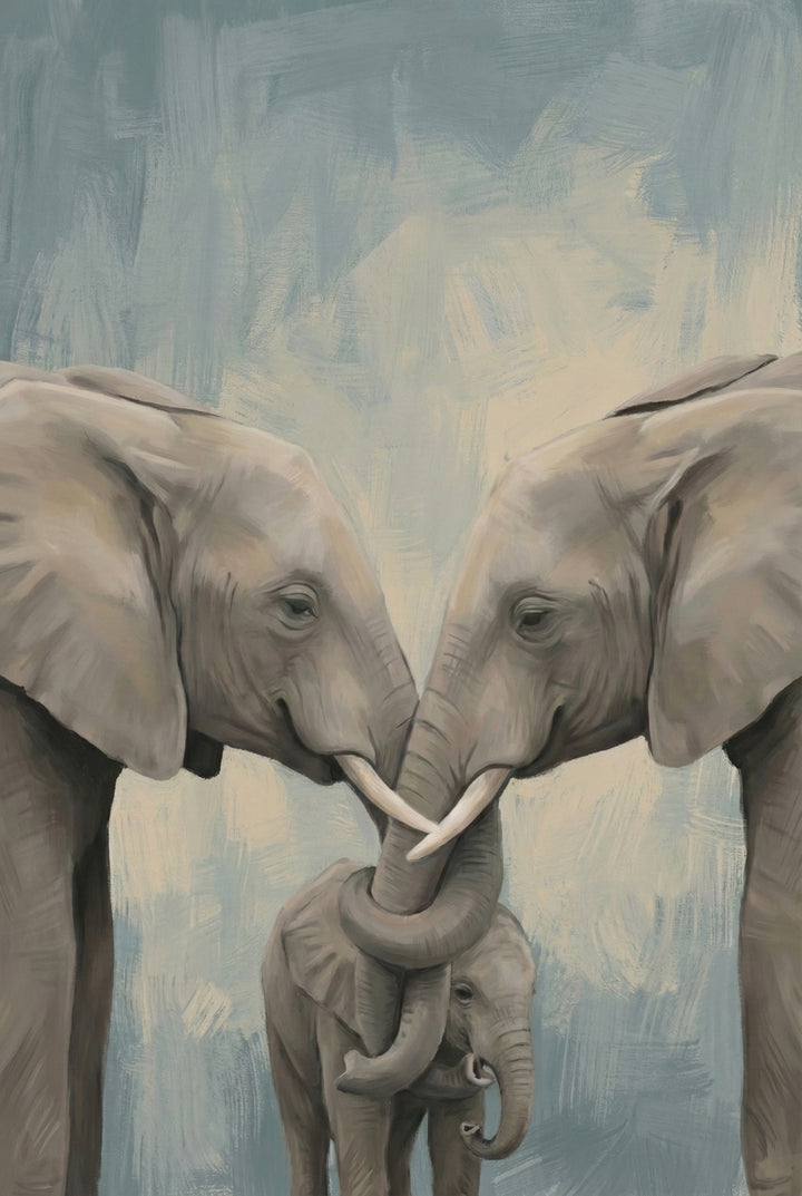 Two adult elephants gently touching tusks while a baby elephant stands between them, set against a soft blue and cream abstract background.

