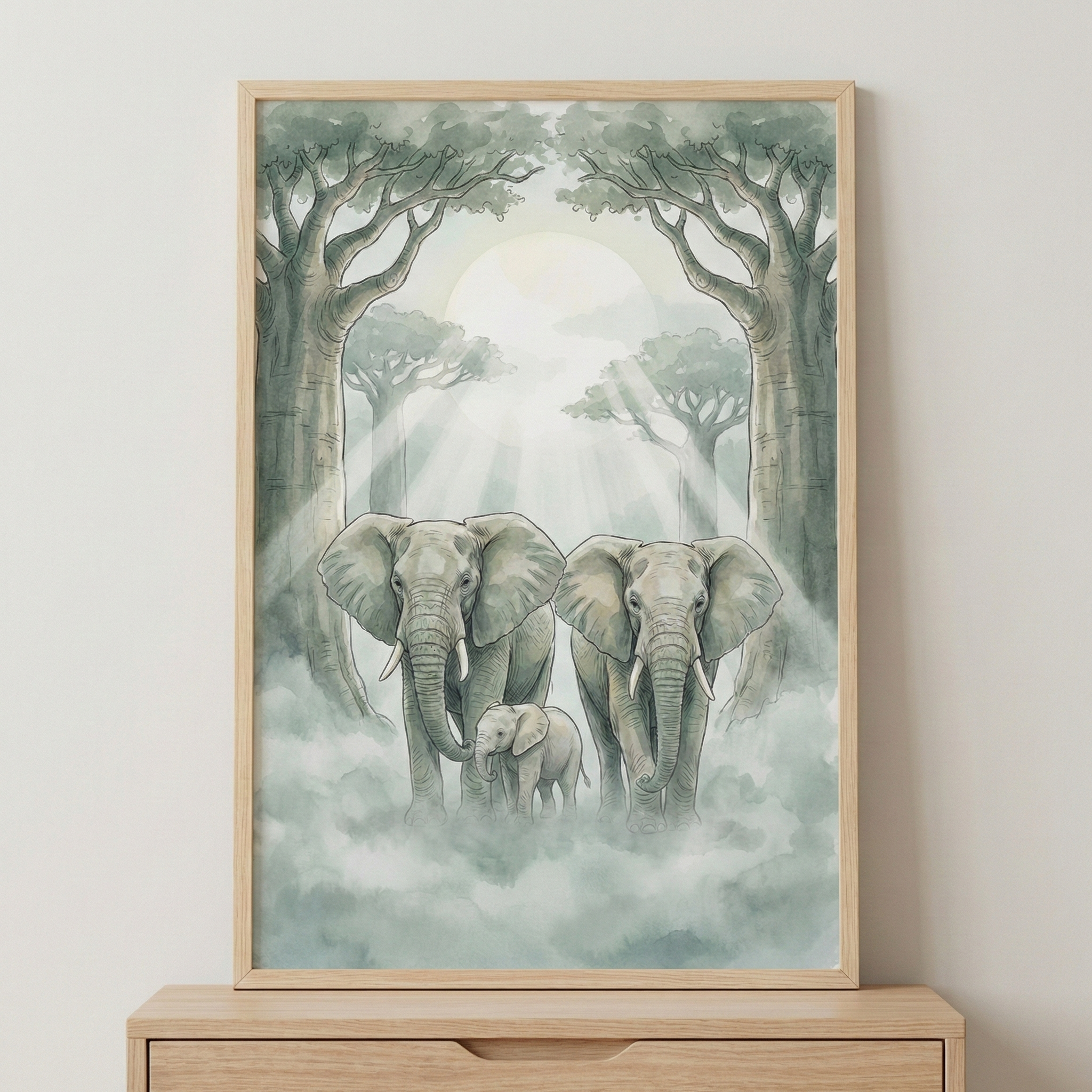 A framed watercolor-style illustration featuring a family of elephants, including two large adults and a small calf, walking forward together. The trio is set within a misty forest filled with tall, stylized trees. Soft rays of light shine down from a large, pale sun in the center of the background, cutting through the fog. The artwork uses a muted color palette of greens, greys, and creams and is displayed in a light-colored wooden frame resting on a wooden surface.