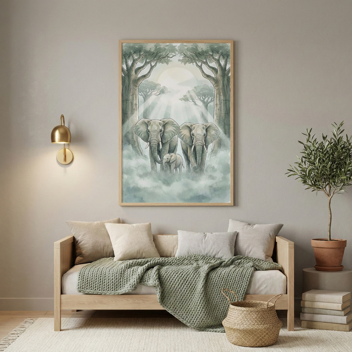 A vertically framed illustration of three elephants—two adults and a calf—walking through a misty, sun-drenched forest is centered on a neutral-colored wall. Below the artwork sits a light wood daybed, dressed with several pillows in shades of beige and light grey and a green, chunky-knit throw blanket. To the left of the artwork, a gold wall sconce is mounted. To the right, a small leafy tree in a terracotta pot rests on a circular grey pedestal, beside a stack of books. 