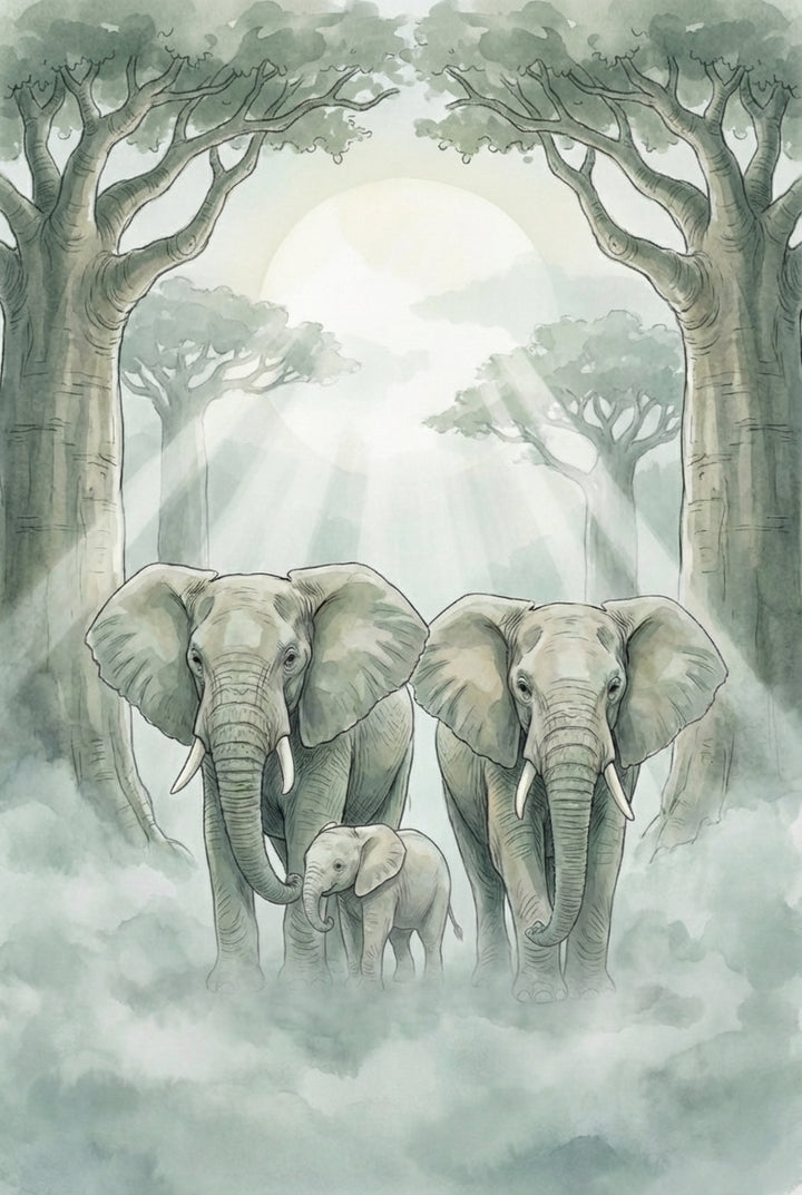 Illustration of two adult elephants and a baby elephant walking through misty woods, with sunlight streaming down between towering trees. The soft green and gray tones create a dreamy, ethereal atmosphere.

