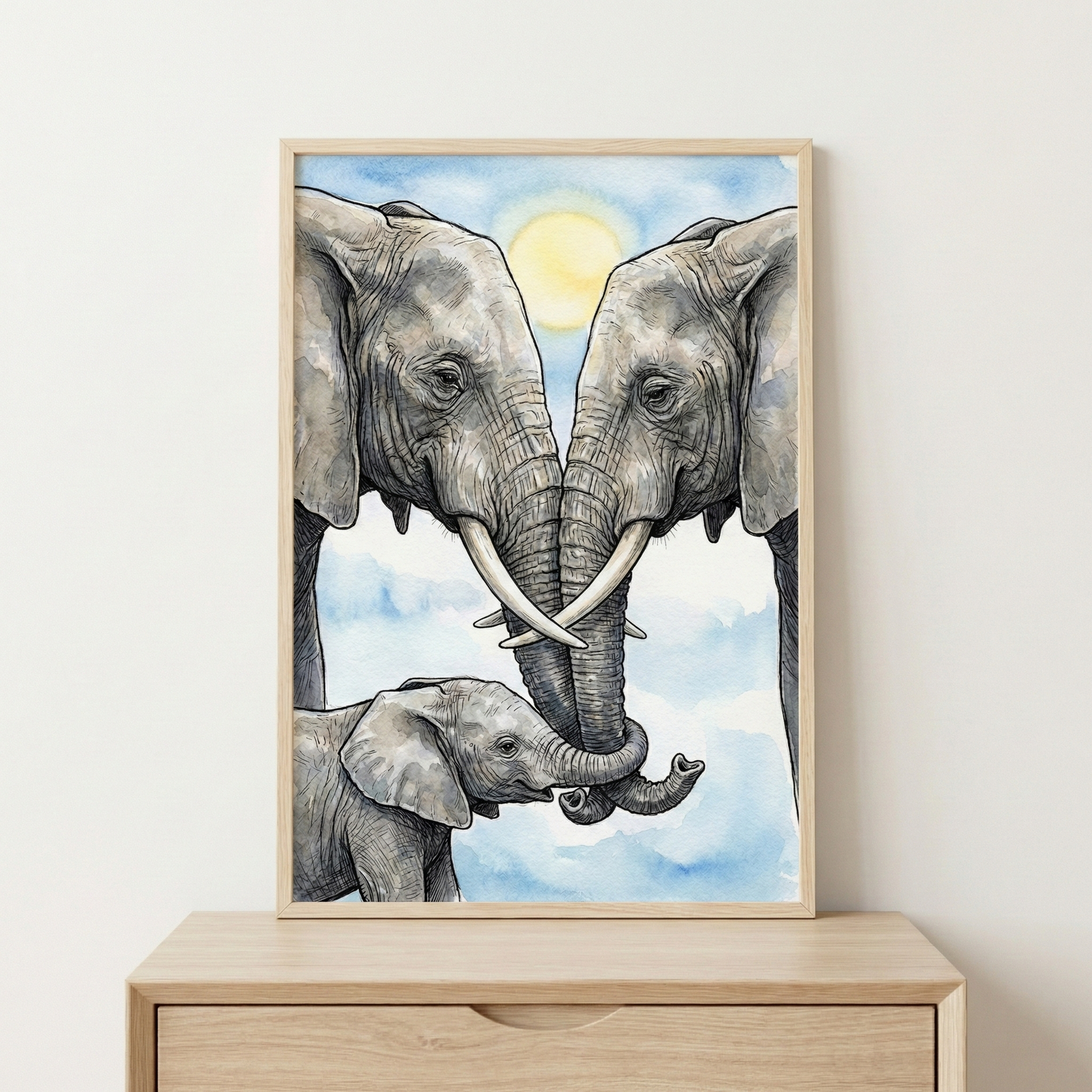 A framed watercolor-style illustration shows an elephant family against a soft blue sky with a pale yellow sun. Two adult elephants face each other with their tusks crossed and trunks intertwined. Below them, a small elephant calf stands and reaches its trunk toward the adults. The artwork is housed in a light wood frame and sits atop a matching wooden dresser.
