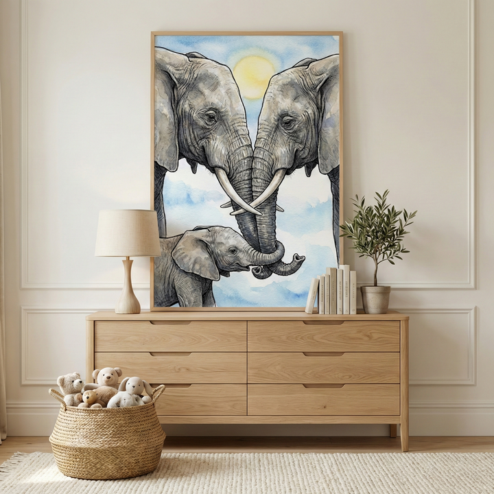 A large framed watercolor-style illustration of an elephant family hangs on a neutral wall above a light wood dresser. The artwork depicts two adult elephants with their heads close together and their trunks intertwined, with a small baby elephant standing below them against a soft blue and yellow background. On the six-drawer dresser sits a simple lamp with a cream shade, a few books, and a small potted green plant. To the left on the floor, a woven basket is filled with several soft plush animal toys. 