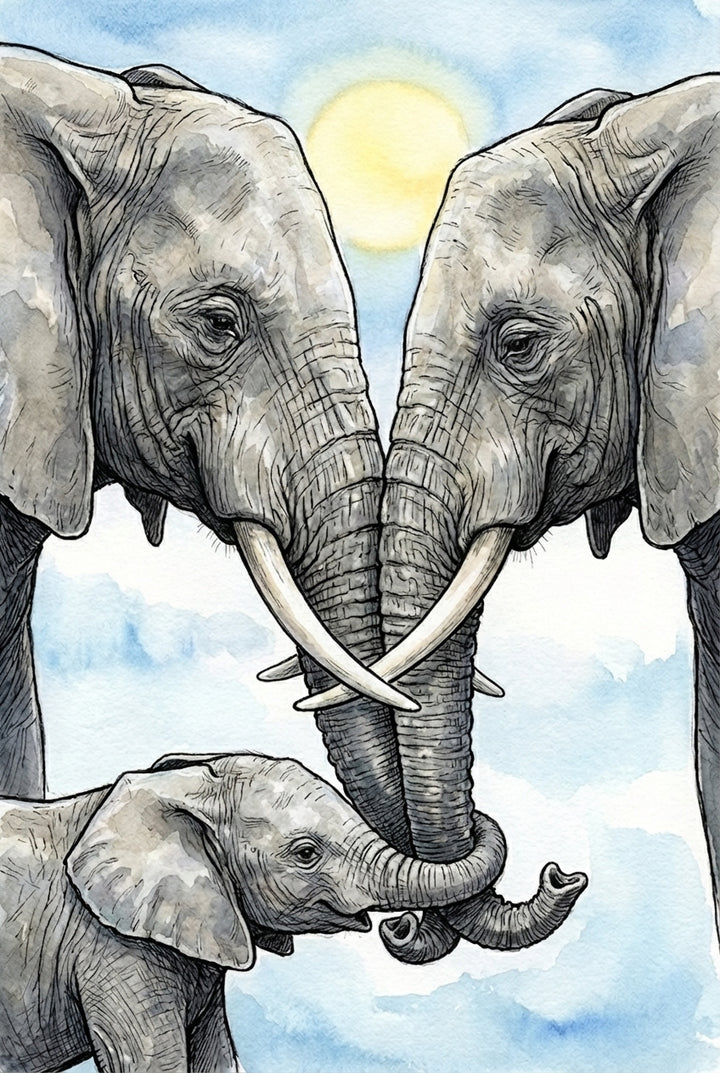 Watercolor of two adult elephants touching trunks tenderly, forming a gentle arch above a smiling baby elephant. A bright sun shines in the blue sky behind them.
